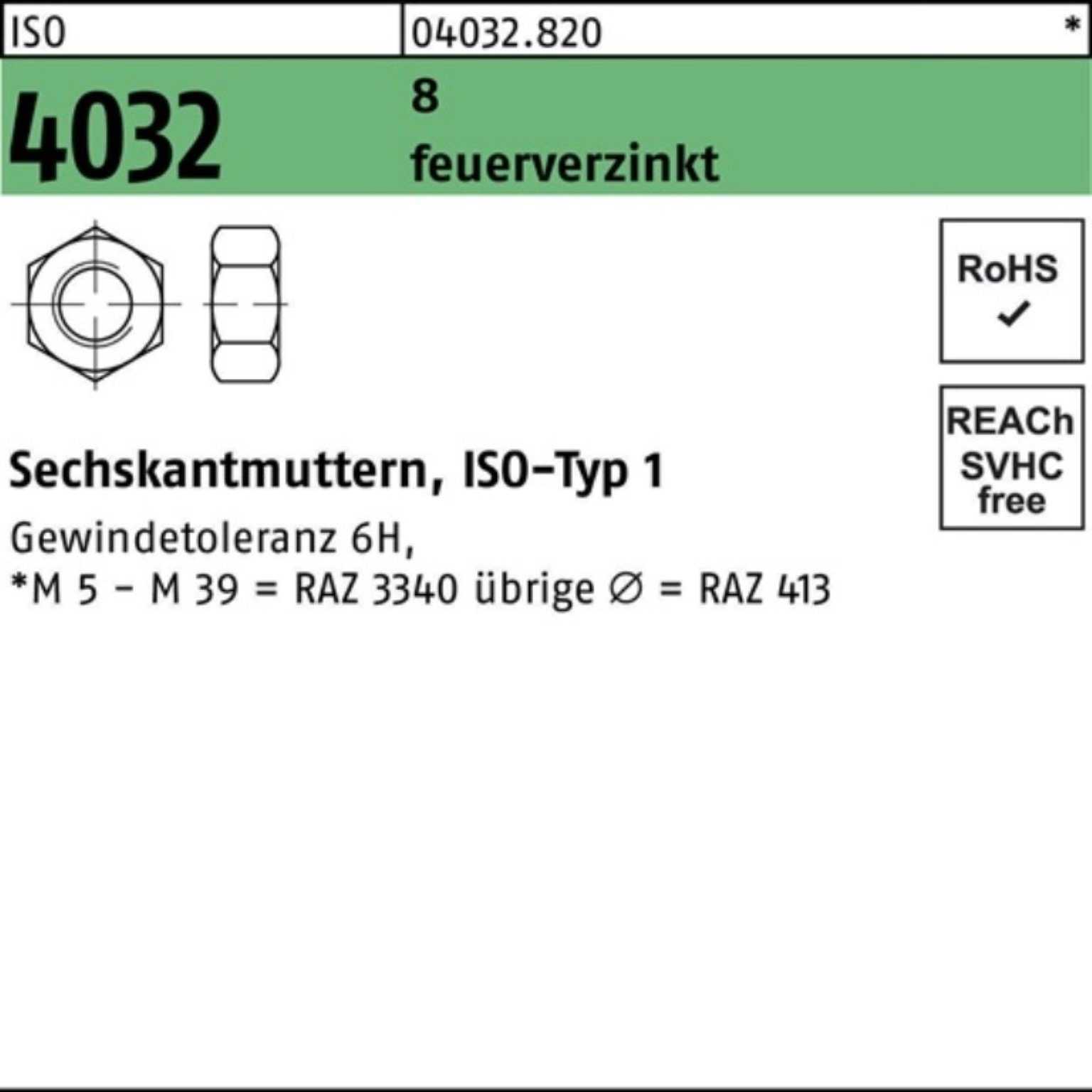 Bufab Muttern 100er Pack Sechskantmutter ISO 4032 M52 8 feuerverz. 1 Stück ISO 4032