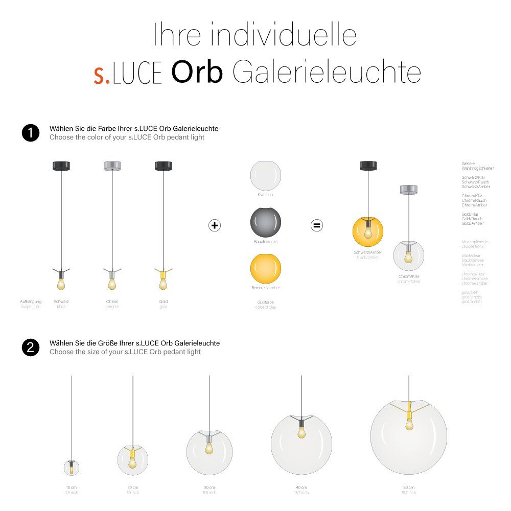 Orb Glaskugel s.luce Galerieleuchte Gold/Amber Pendelleuchte Abhängung 5m