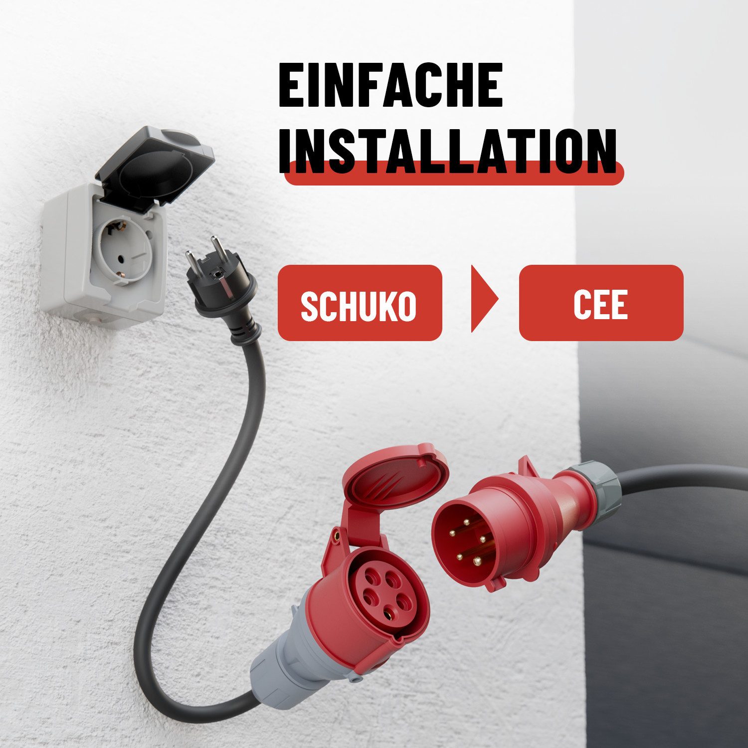ABSINA 1x Adapter Schuko Stecker auf CEE Kupplung 60cm Kabel - E Auto Zubehör CEE-Adapterkabel – Bild 3 von 5