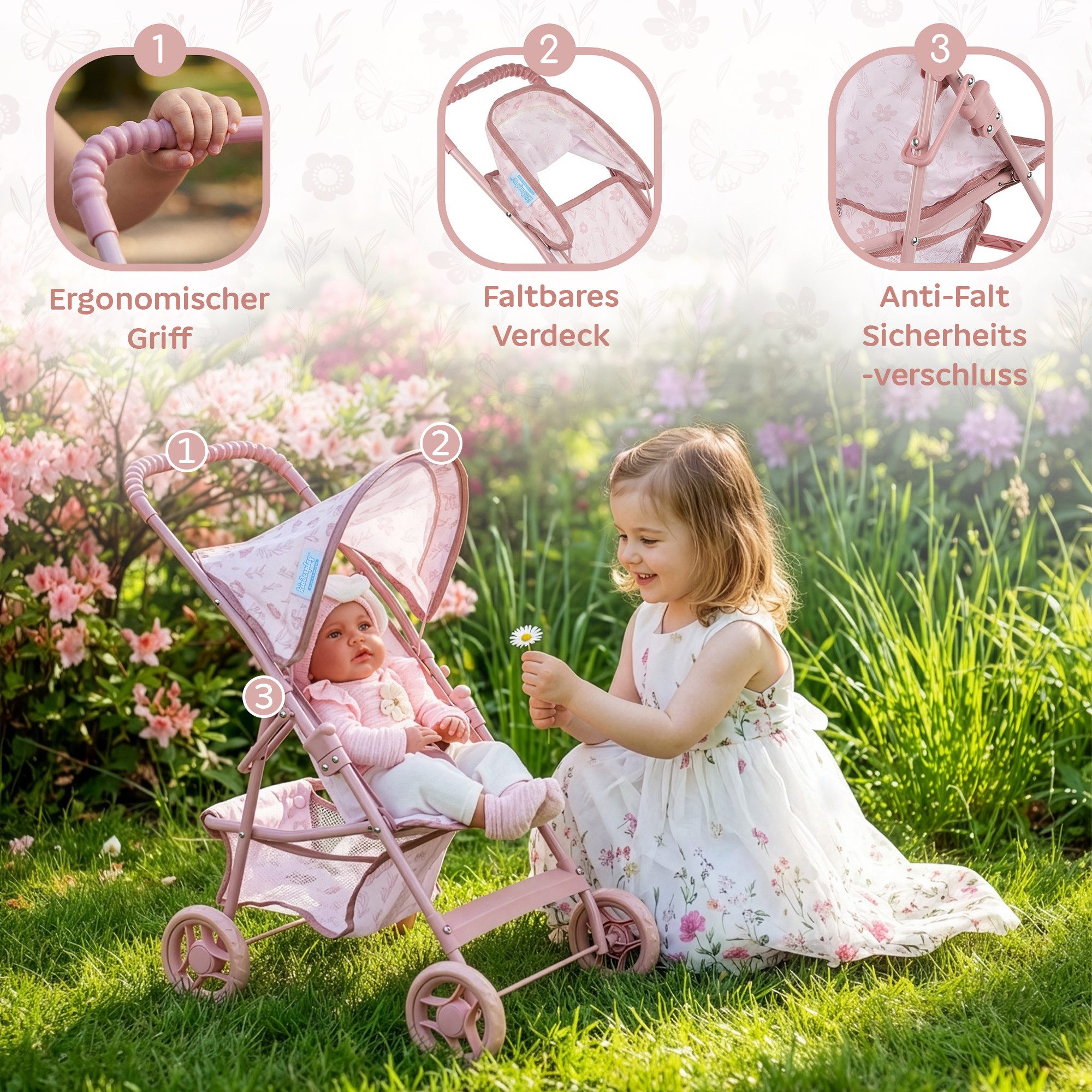 kinderplay Puppenbuggy Puppenwagen Buggy – Leicht & klappbar – Für Kinder – Sicher & stabil