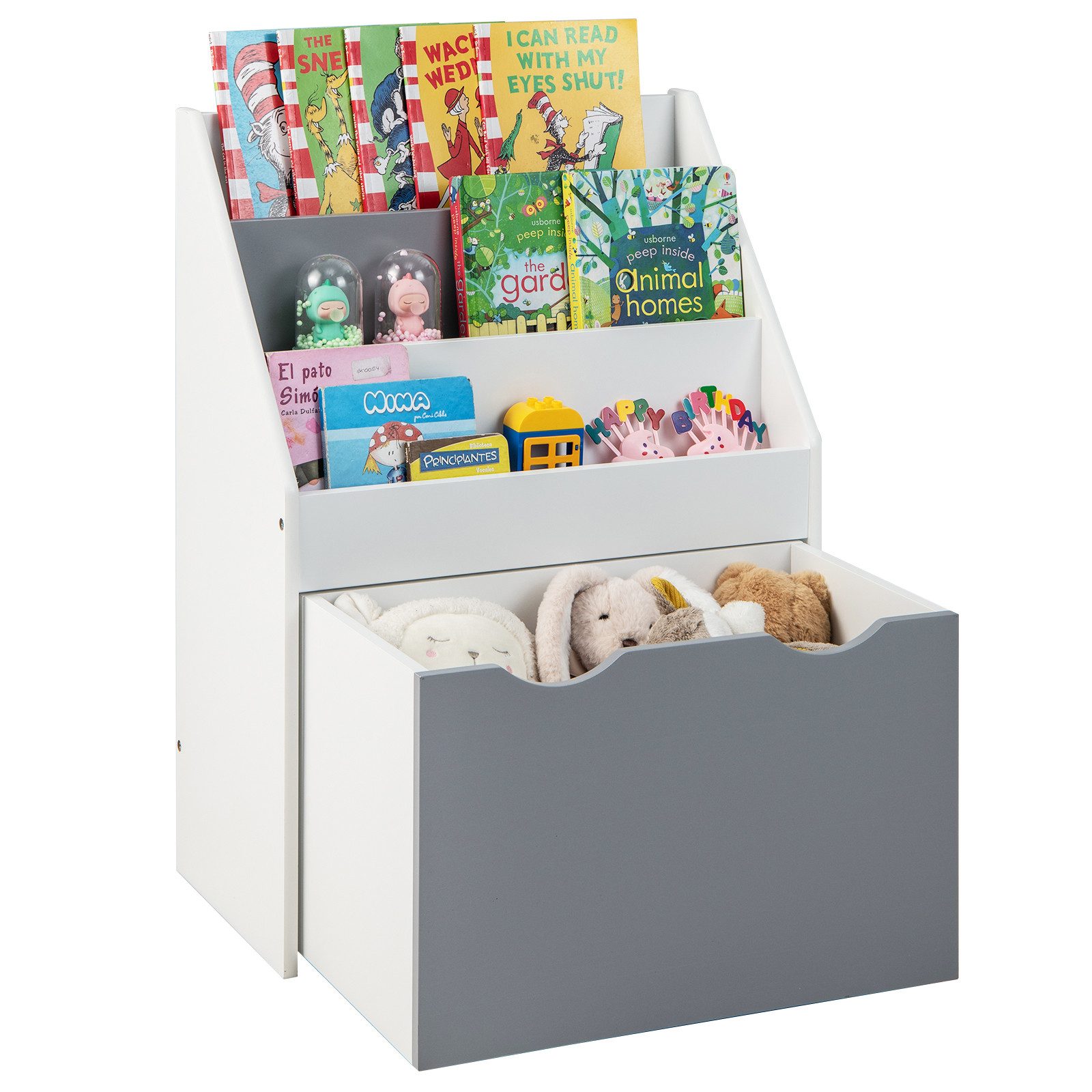 COSTWAY Kinderregal Spielzeugregal, mit 3 Ablagefächer, Box, Rollen, 50 x 28 x 70cm