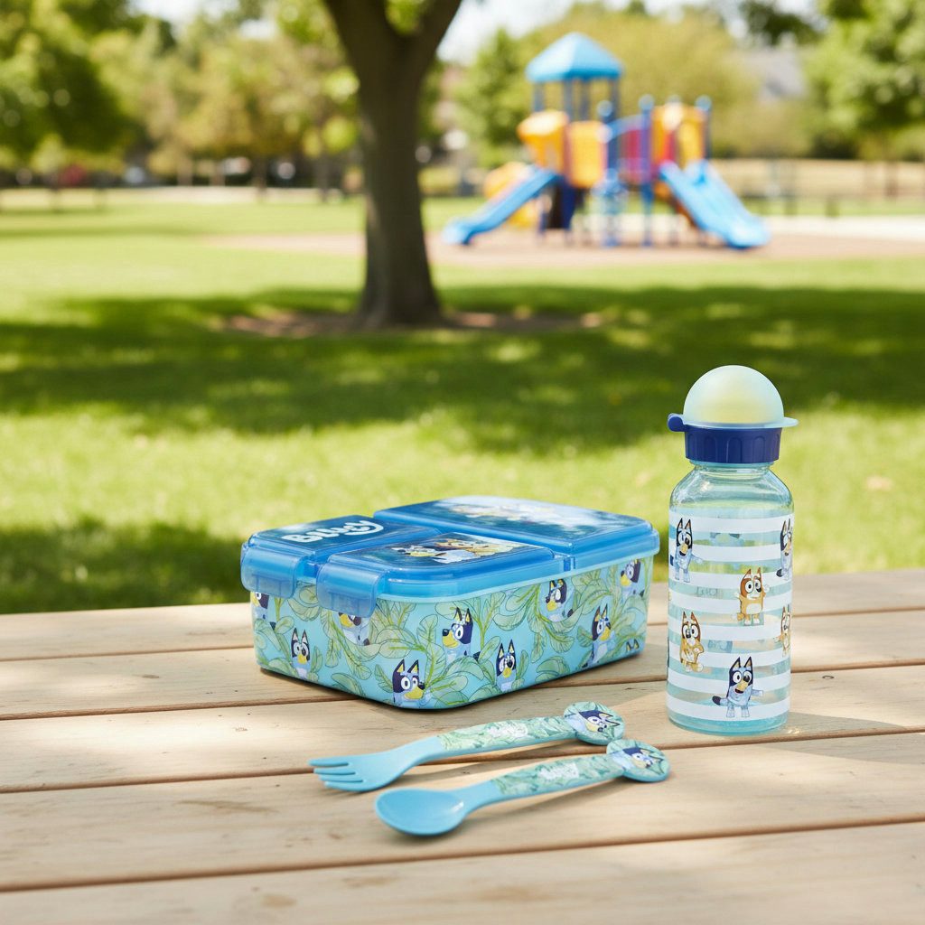 Bluey Lunchbox Bluey Bingo Kinder 4 teiliges Set 3 Kammern Brotdose, Kunststoff, (4-tlg., Spar-Set), Trinkflasche 370 ml Besteck