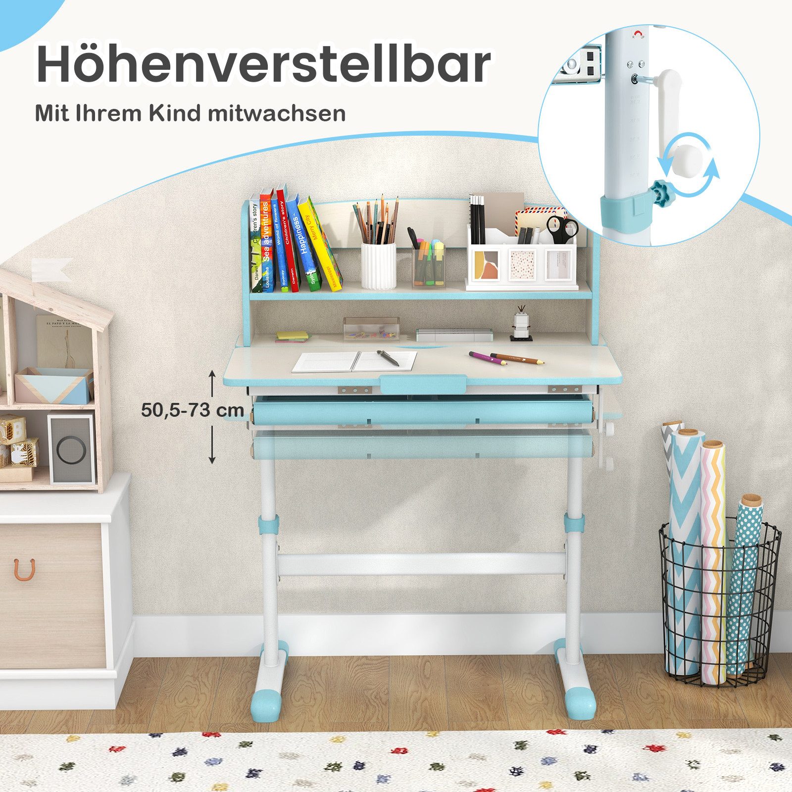 COSTWAY Kinderschreibtisch, höhenverstellbar, neigbarer mit Bücherregal, Schüler