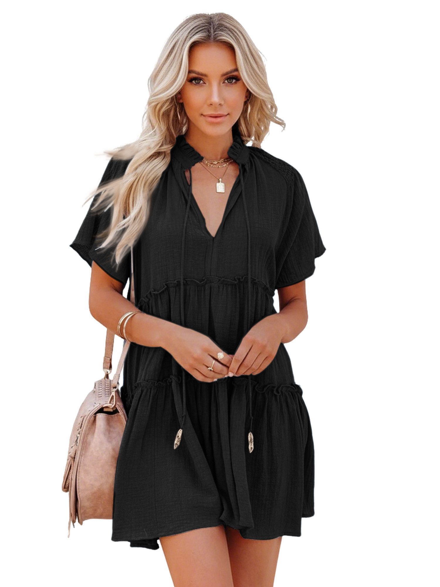 Imily Bela Minikleid Damen Sommer mit Stehkragen kurzen Ärmeln Rüschen Casu günstig online kaufen