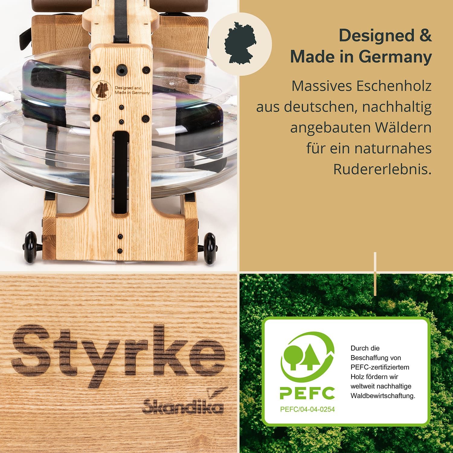 Skandika Rudergerät Styrke Wasser Rudermaschine für Zuhause aus Holz bis 180 kg, Bluetooth, bis 180 kg, Bluetooth, Kinomap App, massive Esche, natürliches Rudern