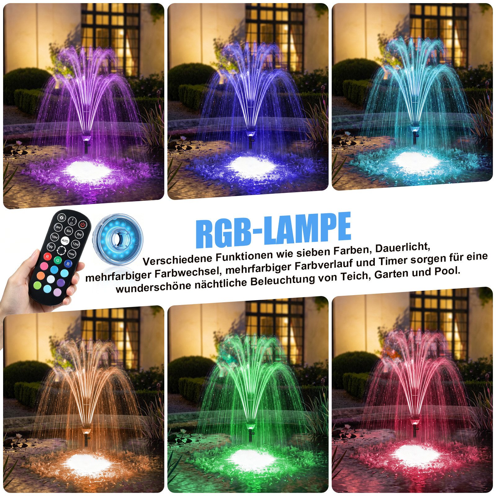 XIIW Springbrunnenpumpe RGB Gartenbrunnen Pumpe mit Teichfilter UVC-Klärer & 3 Düsen Fontäne (45W 3000L/H Wasserspielpumpe mit 6M Kabellänge), Springbrunnenpumpe für Gartenteich, Wasserfall