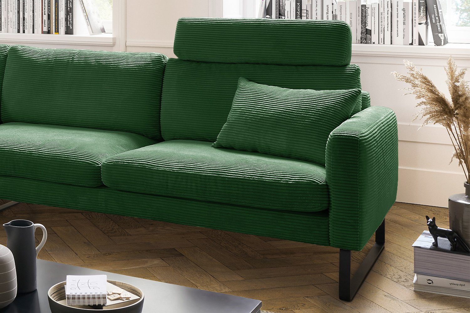 KAWOLA Ecksofa RICARDA, Sofa Cord, Recamiere smaragd versch. Farben rechts, links od