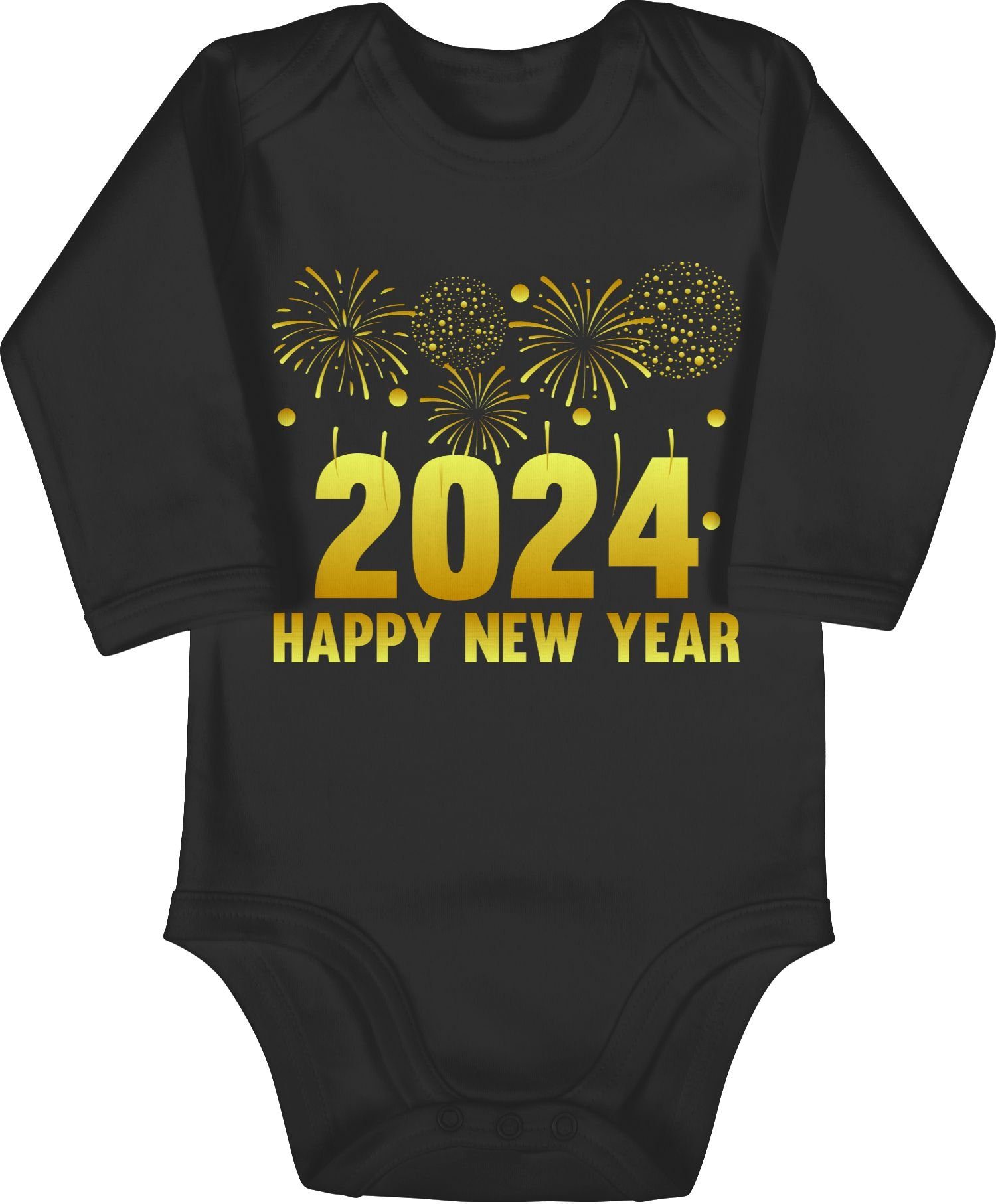 Shirtracer Shirtbody 2024 Happy New Year Feuerwerk gold Silvester Baby 1 Schwarz