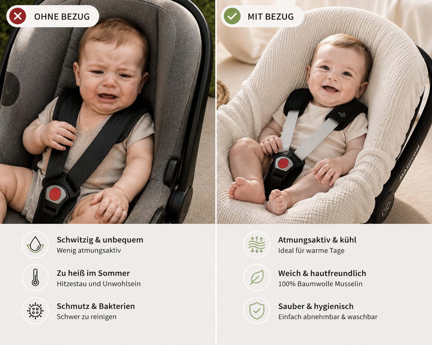 BABEES Kindersitzbezug BEZUG Babyschale Sommer Sommerbezug 100% Musselin Baumwolle, Universal Schonbezug Babyschalenbezug 3-Punkt Gurt