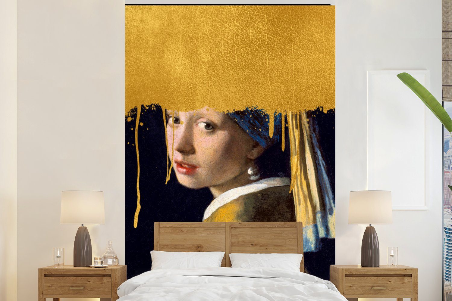 Wandtapete (3 für Johannes - Perlenohrring Fototapete Vinyl - Tapete Gold Matt, bedruckt, Montagefertig einem MuchoWow St), Mädchen Vermeer, Wohnzimmer, mit