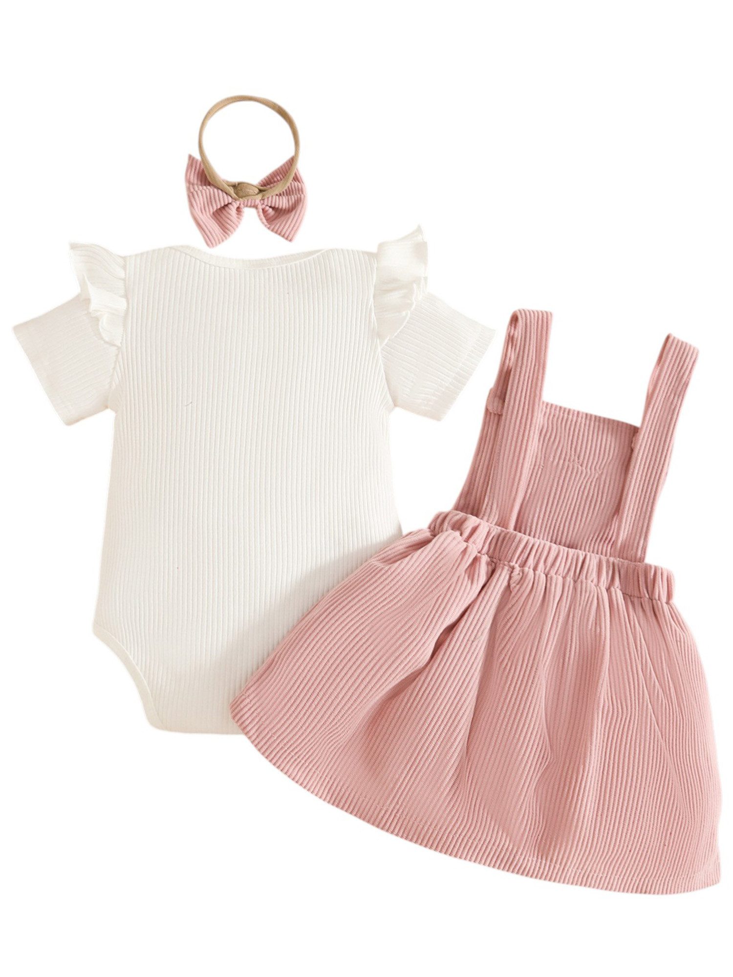 Gluckids 2-in-1-Kleid Sommeroutfit für Babymädchen, Bodysuit, Cord-Latzkleid, Stirnband (Set, 3-tlg) Ein süßes Outfit, für Partys, Hochzeiten, Fotoshootings, als Geschenk