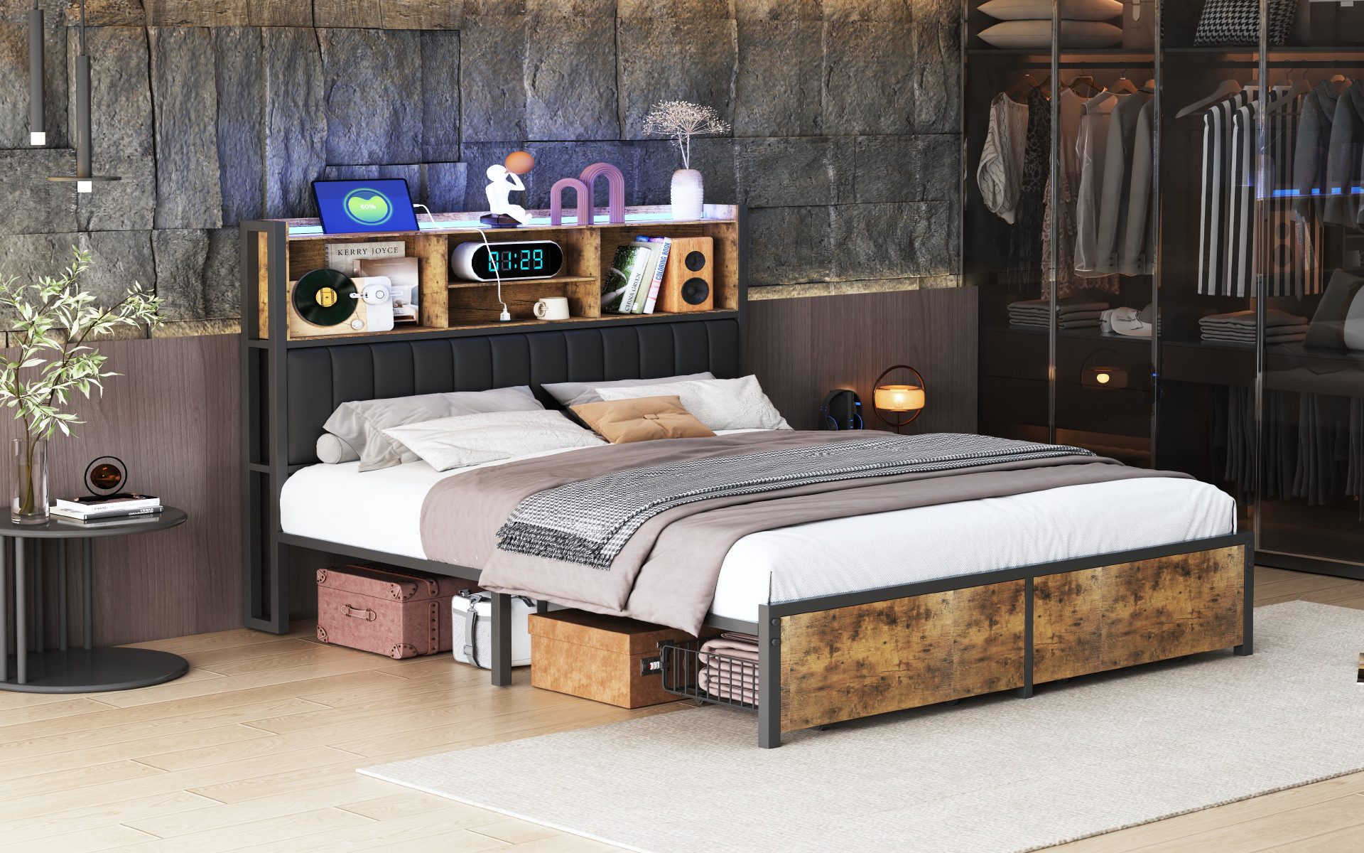 FUROKOY Jugendbett Metallbett Polsterbett mit LED günstig online kaufen