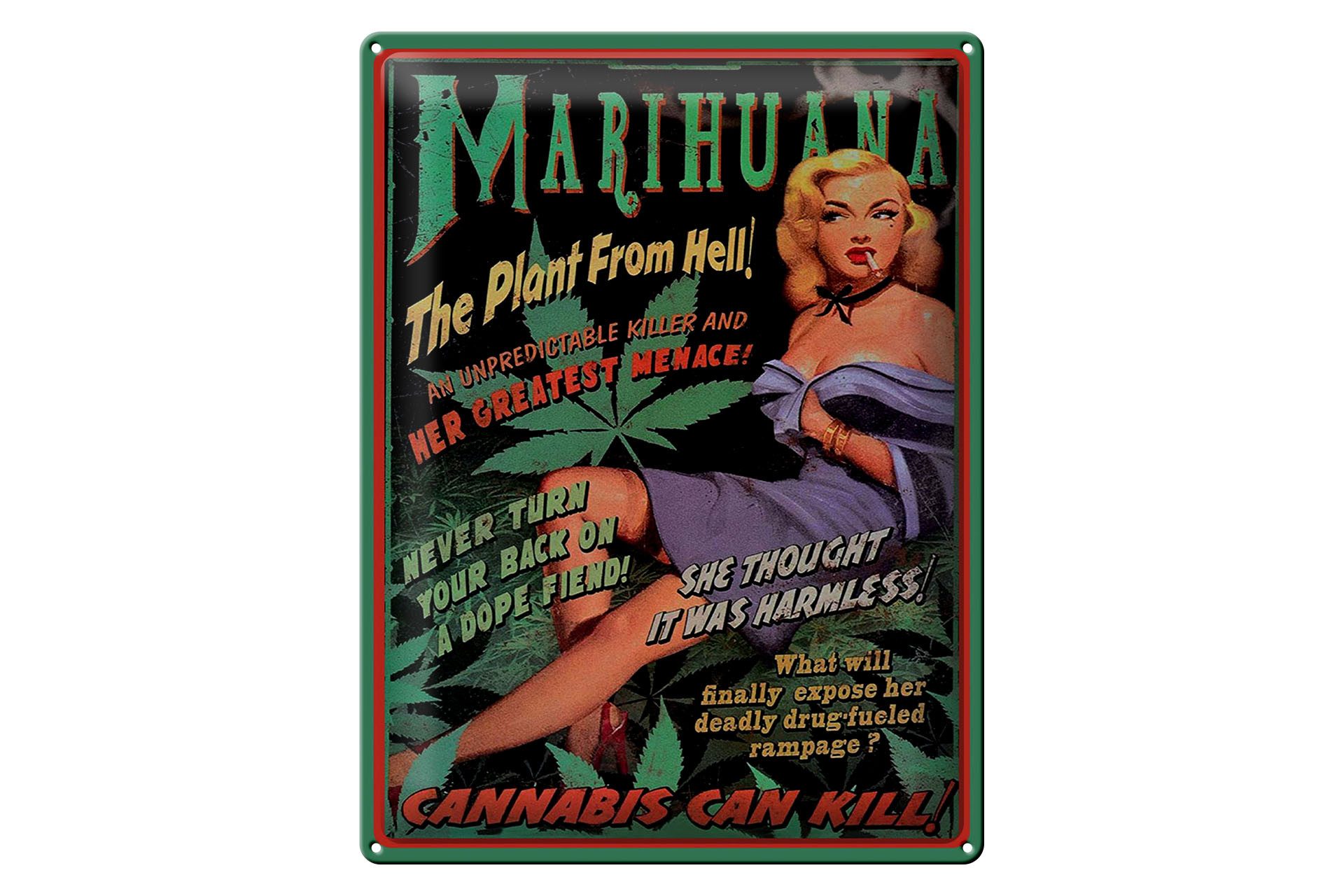 Femer GmbH Metallschild Spruch 30x40 cm Marijuana The plant from hell, (1 St), gewölbte Oberfläche, abgerundete Ecken, umgeschlagene Kanten
