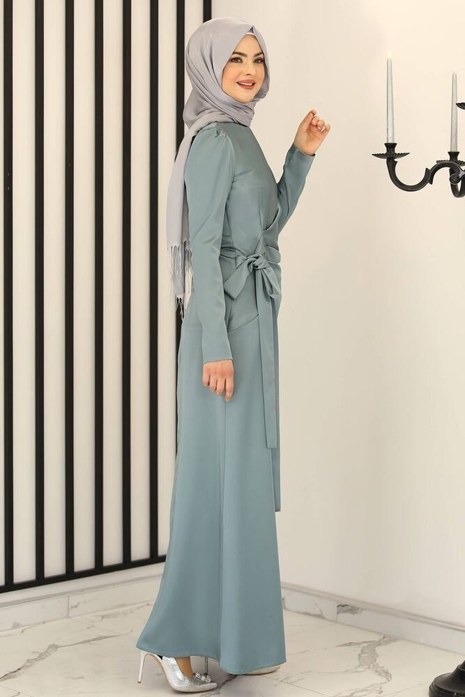 Schleife Abendkleid Mint Hijab Modavitrini Abiye Abaya Satinkleid mit Damen Maxikleid langärmliges