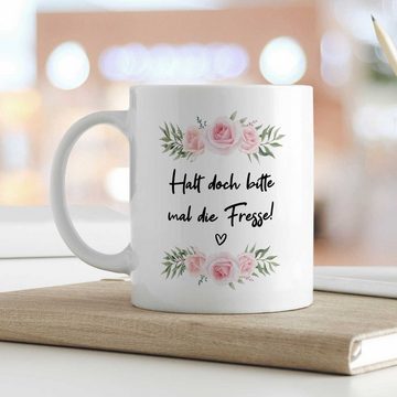 GRAVURZEILE Tasse bedruckt mit Spruch - Halt doch bitte mal die Fresse! - Fun Geschenk, - Farbe: Weiß