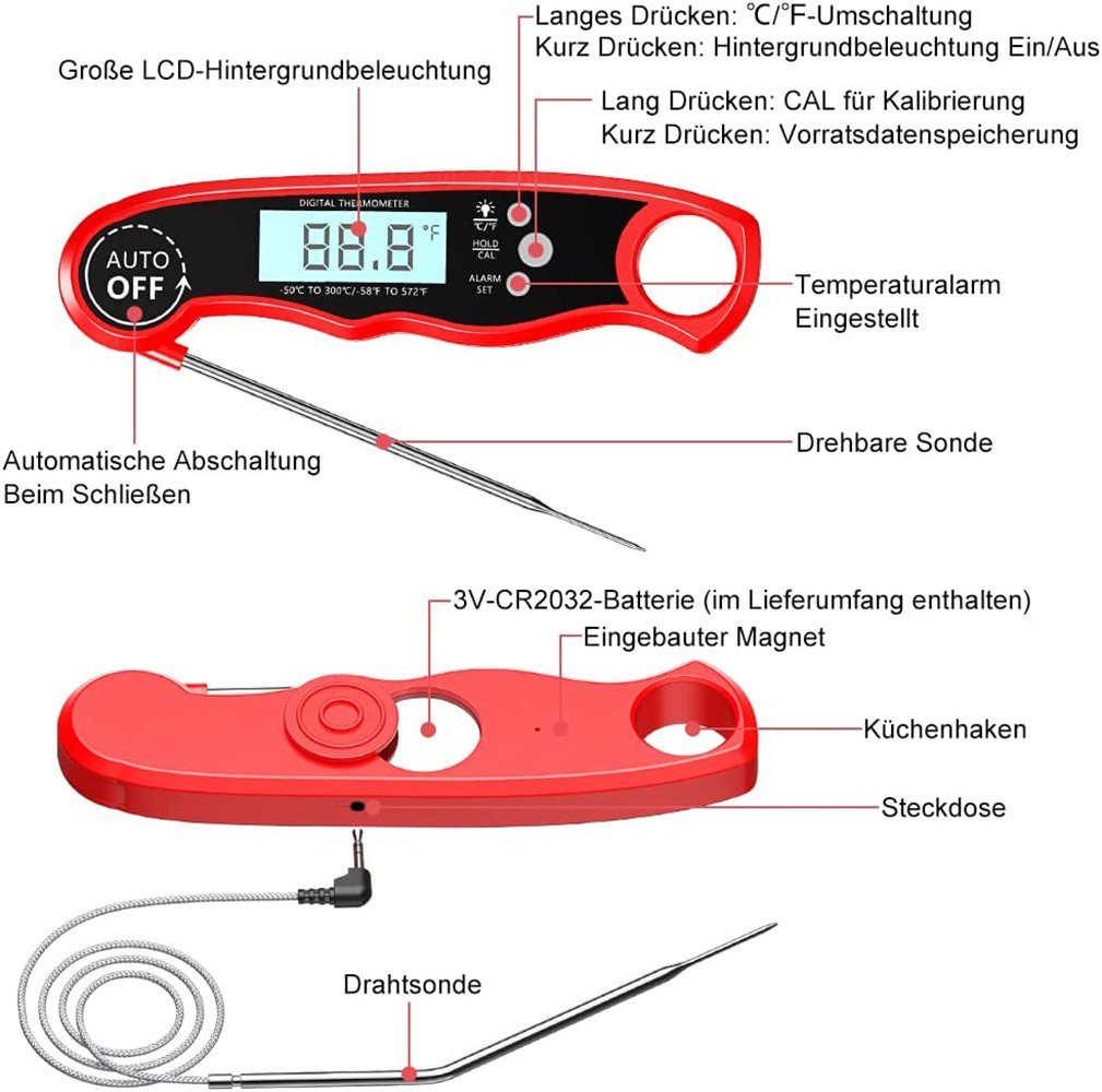 GelldG Grillthermometer, Thermometer Fleischthermometer Grillthermometer Digital Küche,