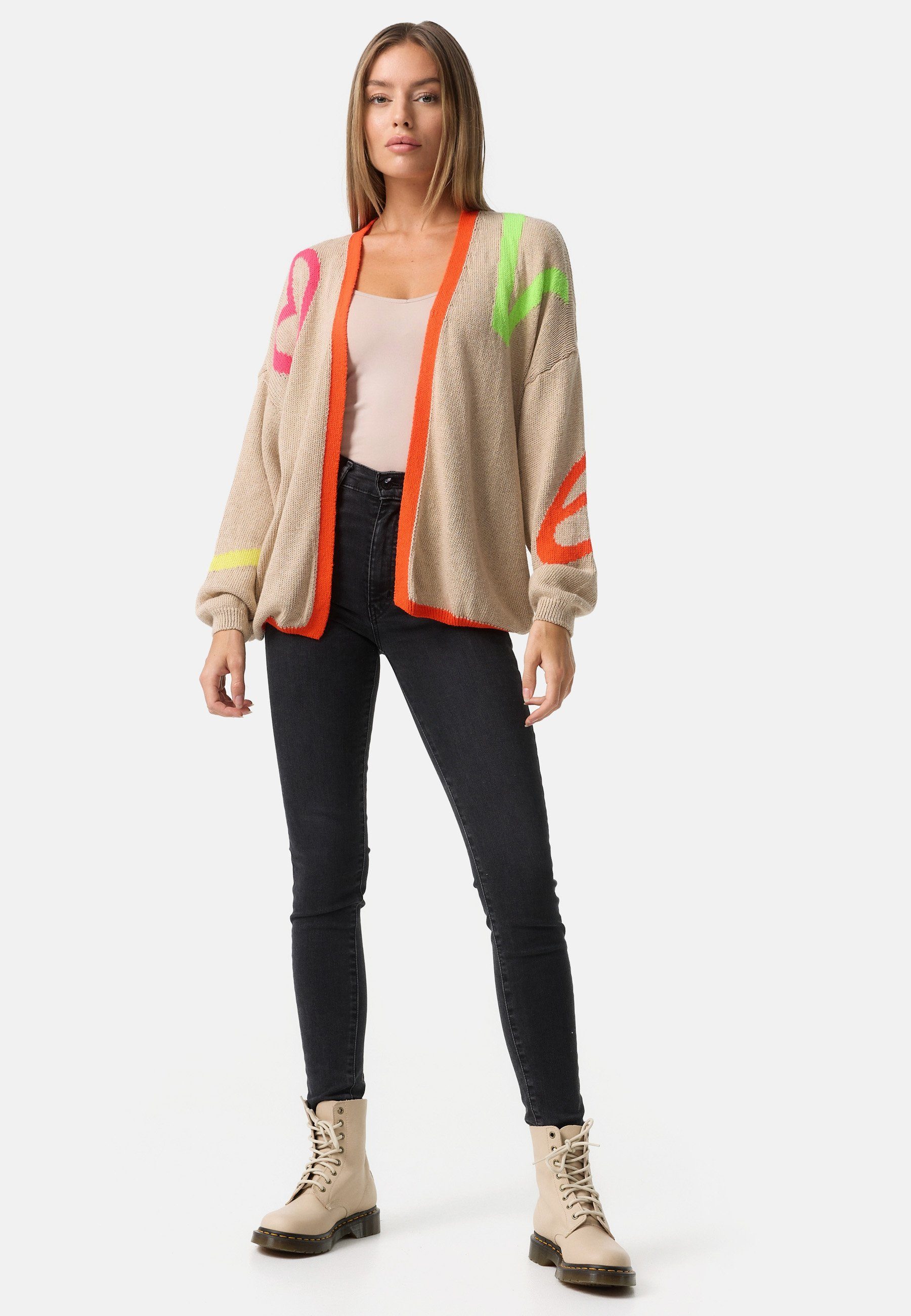 Love Beige 80ies Style) PM78 SELECTED Cardigan Muster, Cardigan im Neonfarben Baumwollanteil, (Trendige Strickjacke PM