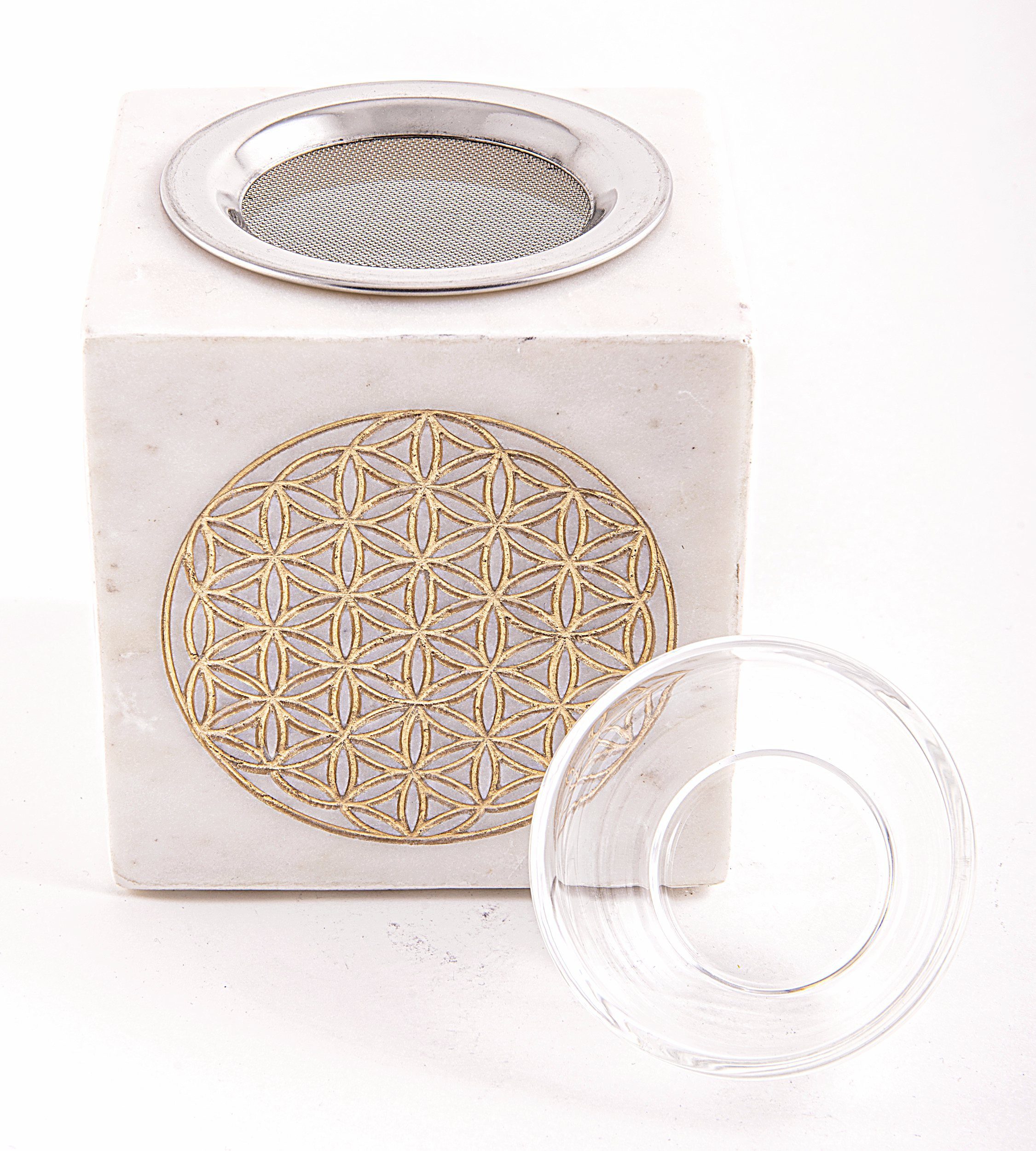 Crystal and Sage Jewelry Räucherstövchen Marmor Räucherstövchen und Aromalampe mit goldener Blume des Lebens, aus Marmor