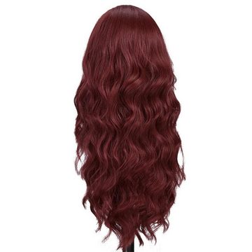 AUKUU Kostüm-Perücke Modische kleine Spitzenperücke für Damen bordeauxrot, langes lockiges Haar volle Kopfbedeckung aus Chemiefaser