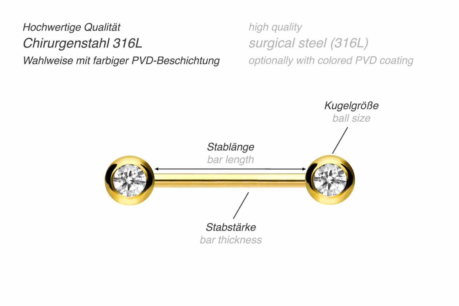 PIERCINGLINE Brustwarzenpiercing Chirurgenstahl Barbell SEITLICHE KRISTALLE (Barbells, 1-tlg)