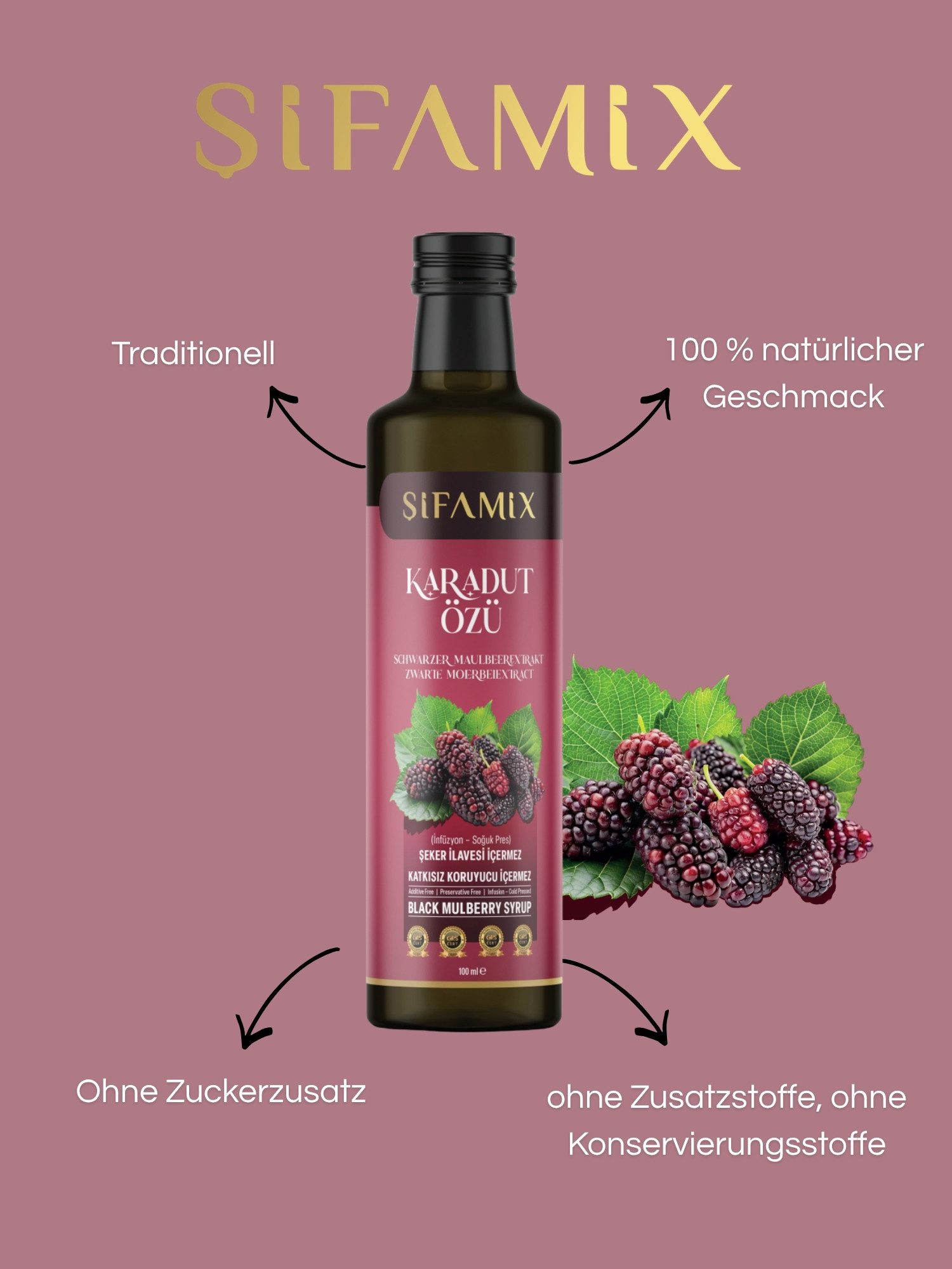 ADELSHOP Sirup SiFAMiX Schwarzer Maulbeerextrakt 100ml – Ohne Zucker & Kaltgepresst – Bild 2 von 3
