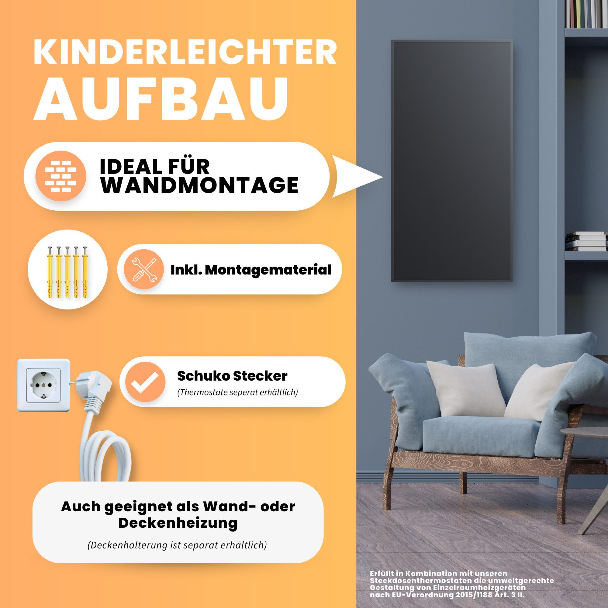 Bringer Infrarotheizung Wandheizung, 300-1200 Watt mit Thermostat Elektroheizung Schwarz