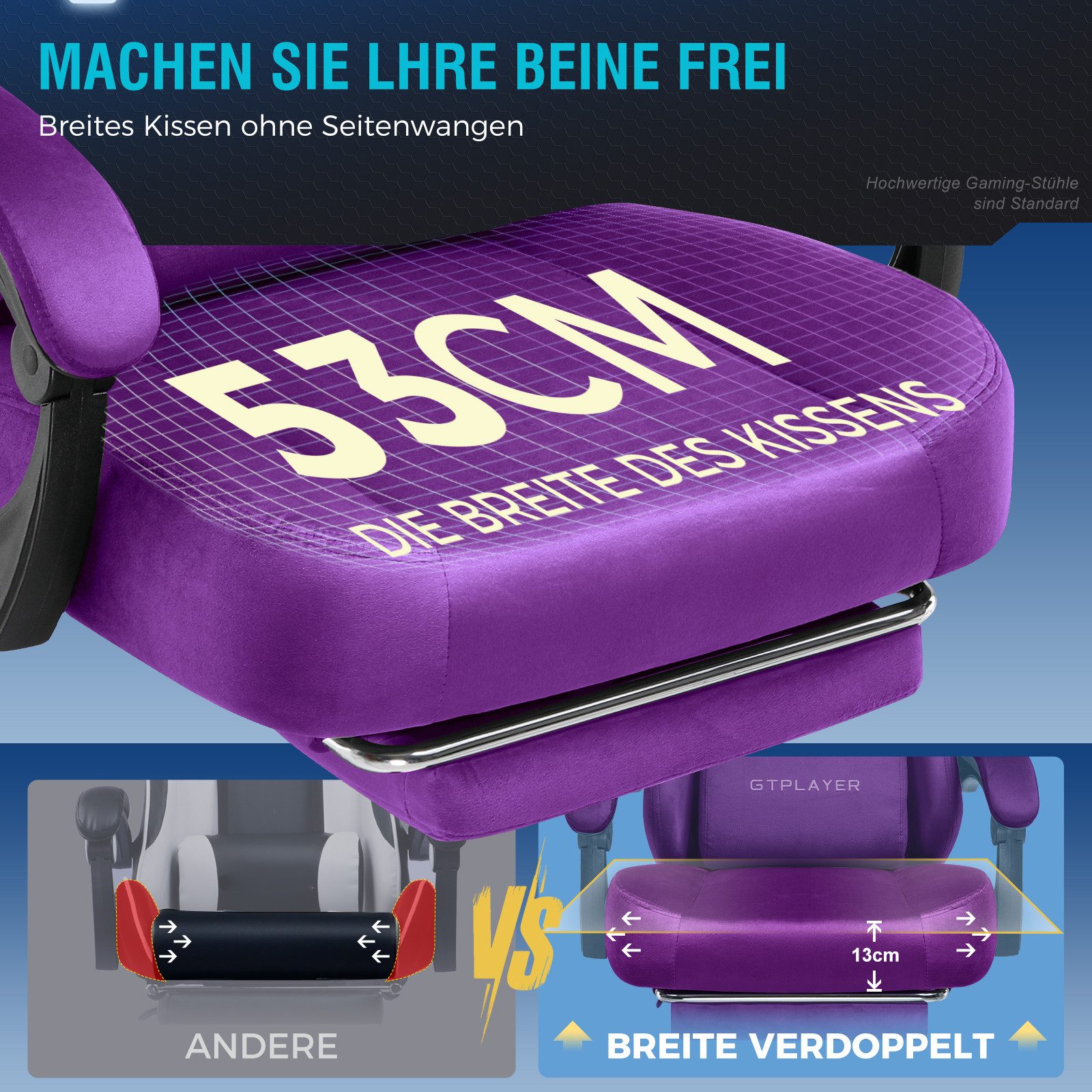 GTPLAYER Gaming-Stuhl Stoff/Kunstleder mit Taschenfederkissen großer Gamer Stuhl, 150KG (Gaming Chair mit hoher Rückenlehne und Fußstütze), Bürostuhl Gaming Sessel Gepolstert für Jugendliche und Erwachsene