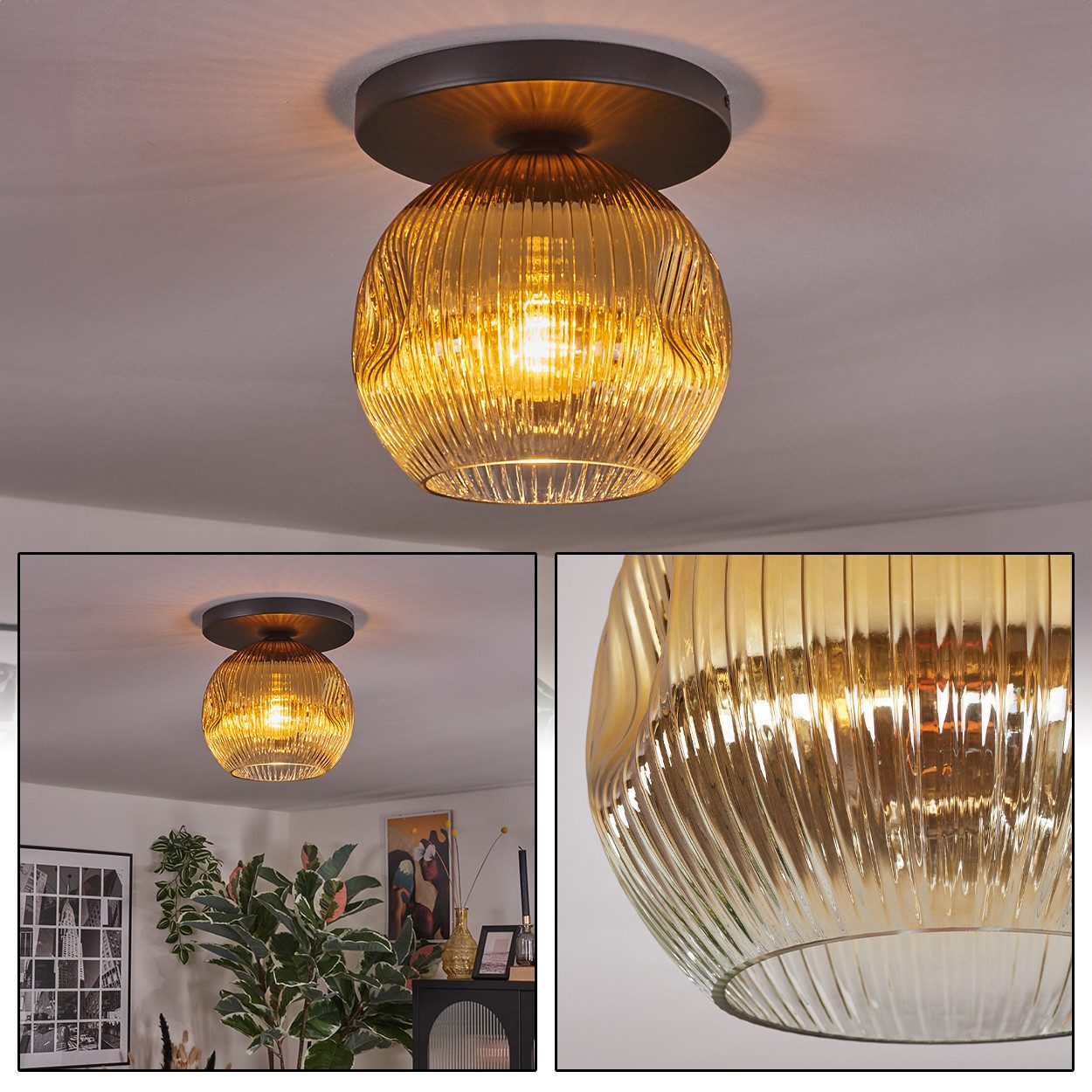 hofstein Deckenleuchte Deckenlampe aus Metall/Riffelglas in Schwarz/Goldfarben/Klar, ohne Leuchtmittel, Leuchte im Retro/Vintage-Design mit Glasschirm (25 cm), 1 x E27