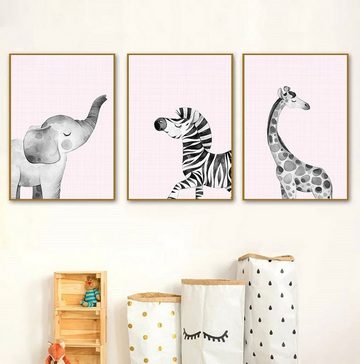 TPFLiving Kunstdruck (OHNE RAHMEN) Poster - Leinwand - Wandbild, Elefant, Giraffe, Zebra - Für Kinderzimmer - Auch im 3er Set (Mädchenzimmer, Babyzimmer, Jungenzimmer, Kindergarten), Farben: Pastel, schwarz, weiß, grau, rosa - Größe: 10x15cm