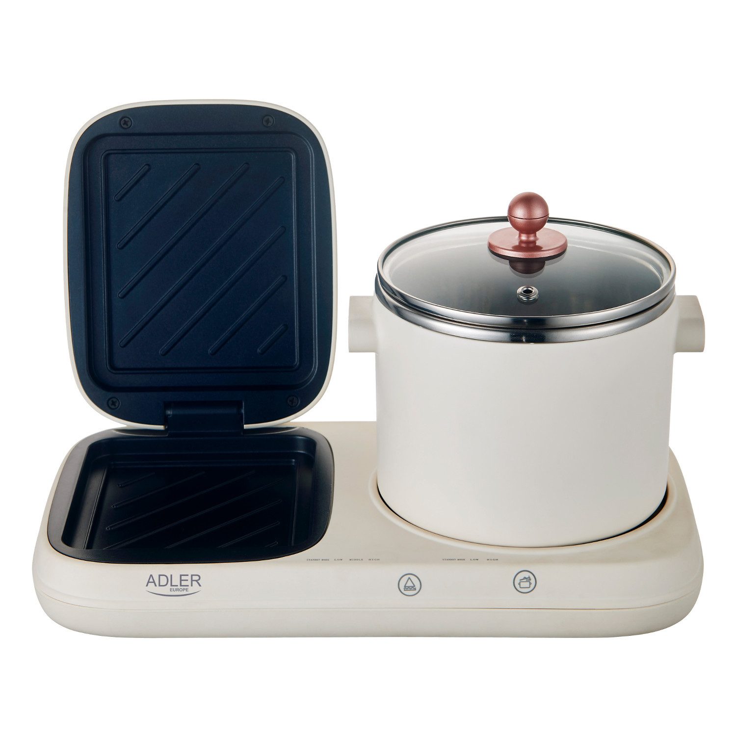 Adler Tischgrill AD 6421, 1320 W, Frühstücksstation 2in1 Grill und Kochtopf