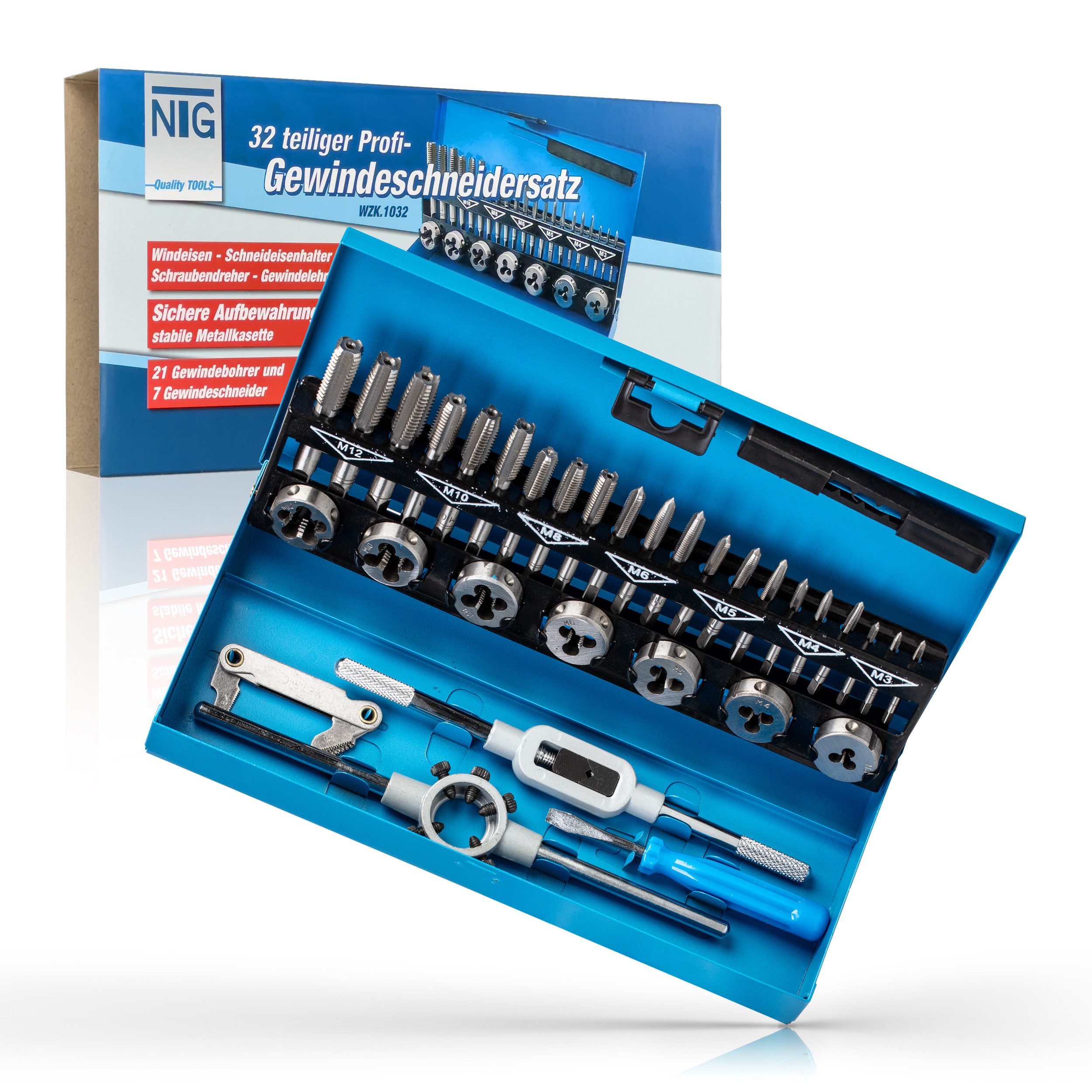 NTG Nutzfahrzeug Technik GmbH Gewindeschneider 32- tlg. Gewindeschneider Set inkl. Aufbewahrungskoffer Kernlochbohrer, Gewindeschneidset