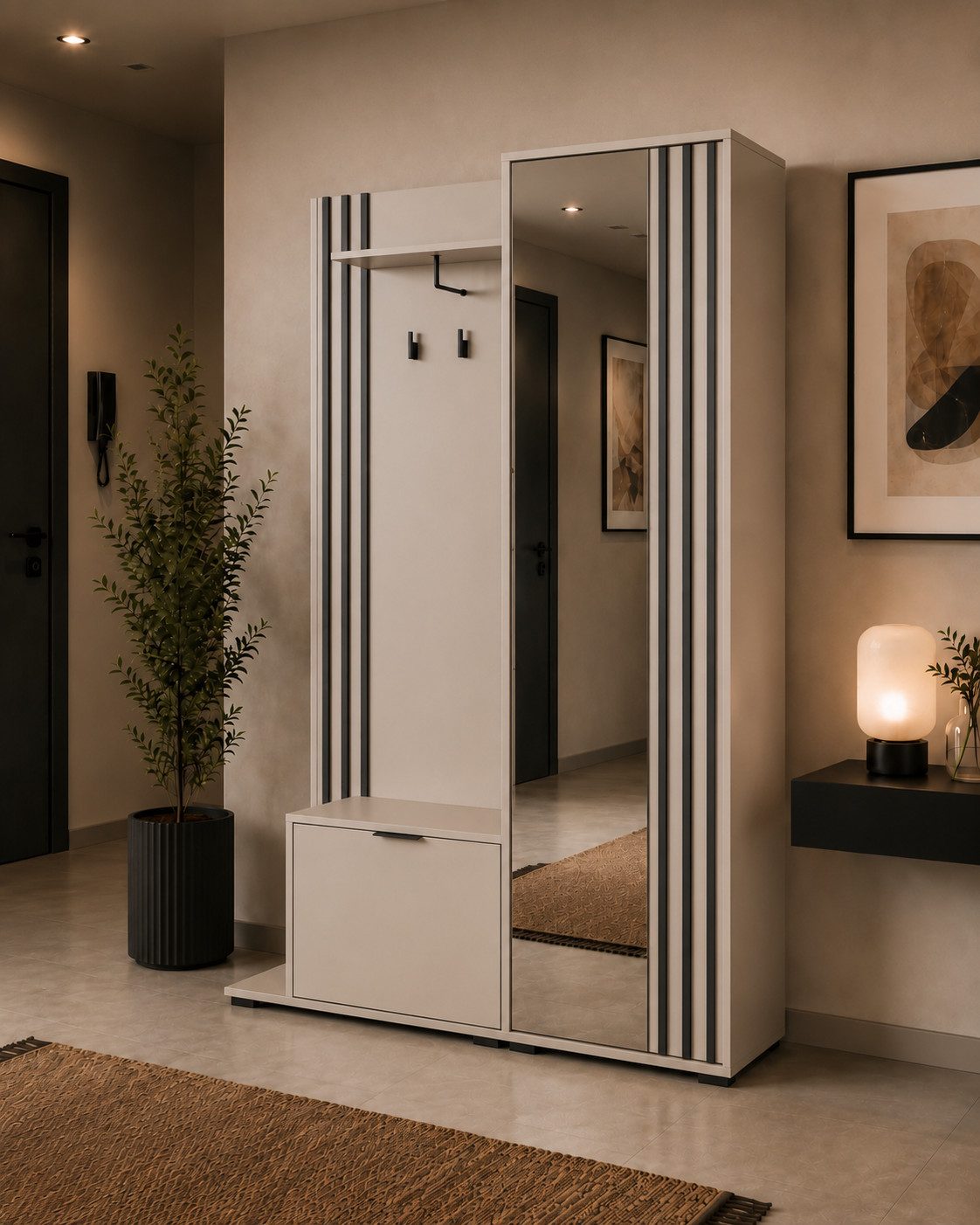 MOEBLO Kompaktgarderobe JOHN (Dielenschrank Wandschrank Regal Diele & Flur Kleiderschrank Schuhschrank, mit Spiegel Flurgarderobe Schrank Kompaktgarderobe), (BxHxT): 135x197x34cm