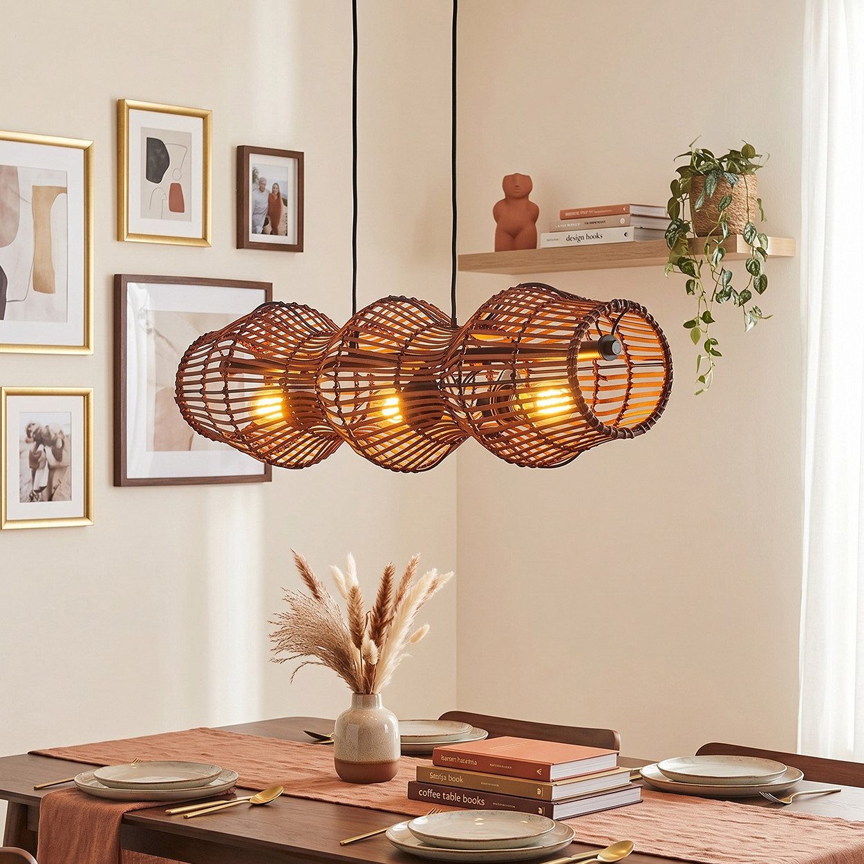 hofstein Pendelleuchte Hängelampe aus Metall/Bambus in Schwarz/Braun, ohne Leuchtmittel, Hängeleuchte im skandinavischen Design, Boho-Style, max. 170 cm, 3xE27