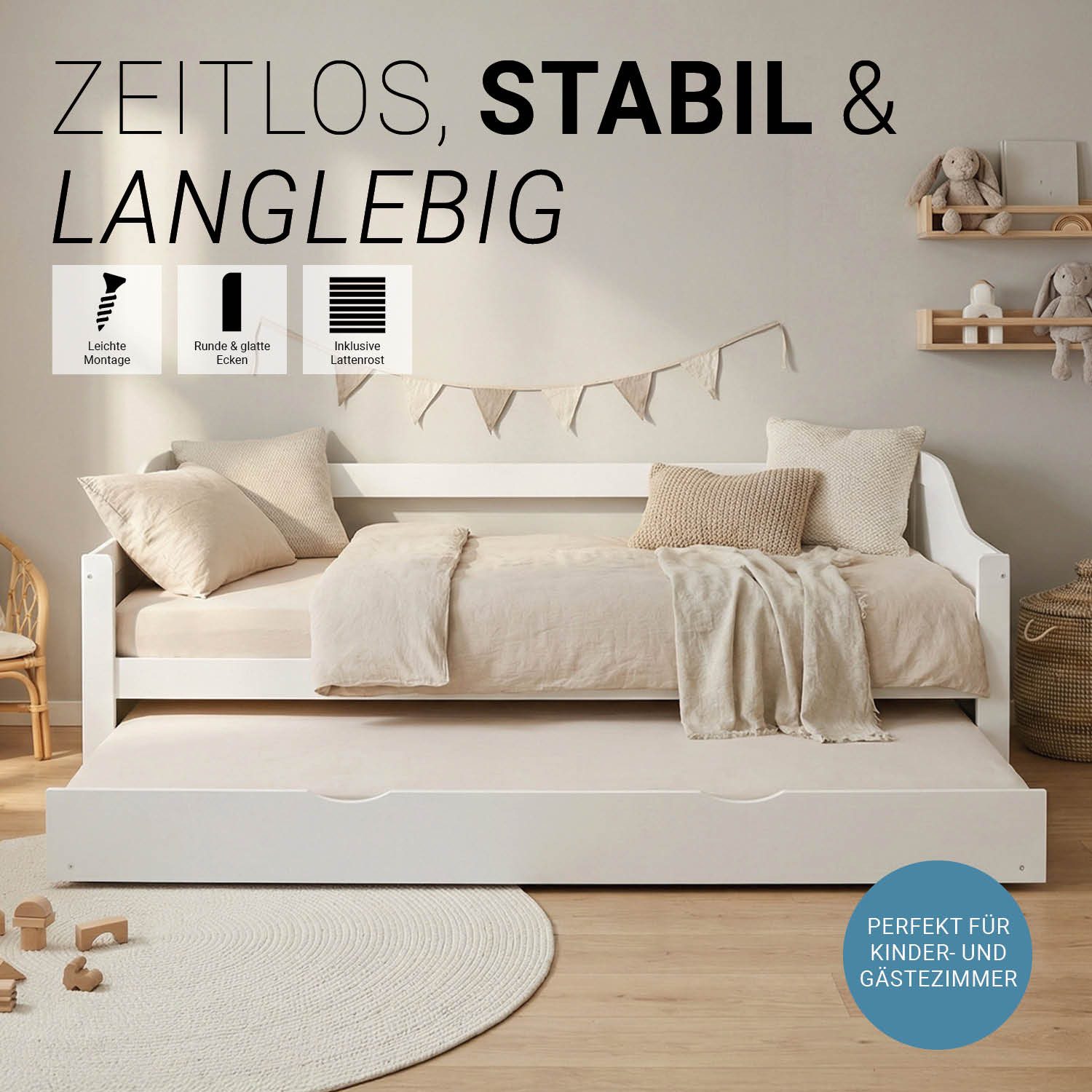 Homestyle4u Ausziehbett 90x200 Holz Gästebett mit Ausziehfunktion 2 Liegeflächen Doppelbett (Komplett-Set mit 2x Lattenrost), 1x 90x200, 1x90x190, 2 Personen/Kinder, Stauraumbett, ausziehbar