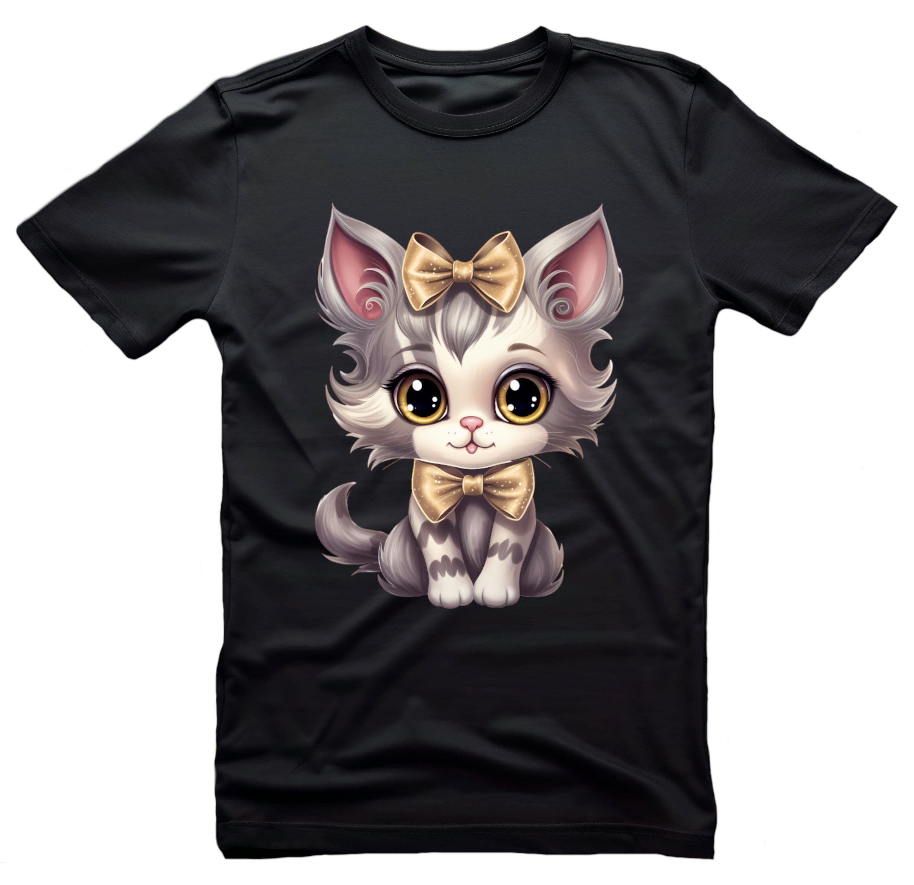 Corileo Kurzarmshirt Kinder T-Shirt Schwarz / Hellgrau mit Niedlicher Katze Kurzarm