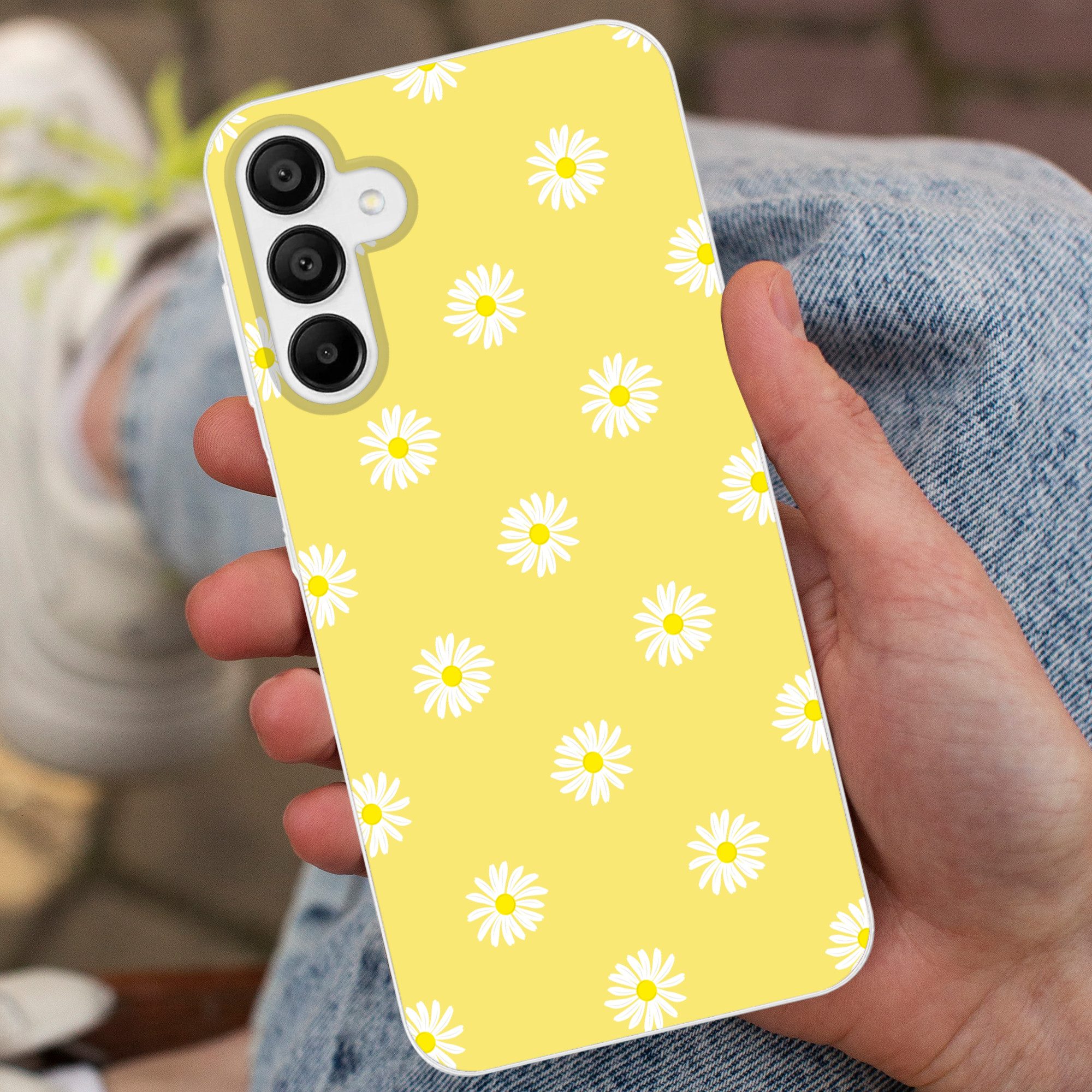 MuchoWow Handyhülle für Samsung Galaxy A15 Gänseblümchen - Pastell - Weiß - Gelb - Blumen, Smartphone-Bumper, Print, Handy Schutzhülle Dünn