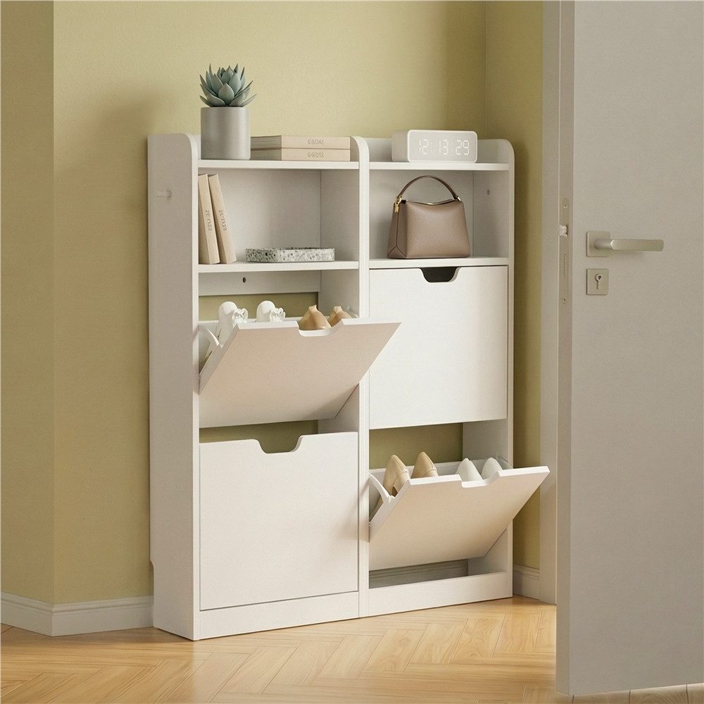 Yaheetech Schuhschrank Schuhregal mit 4 Klappen & 2 Ablagefächern & 2 Haken, 100 × 17 × 108,5 cm