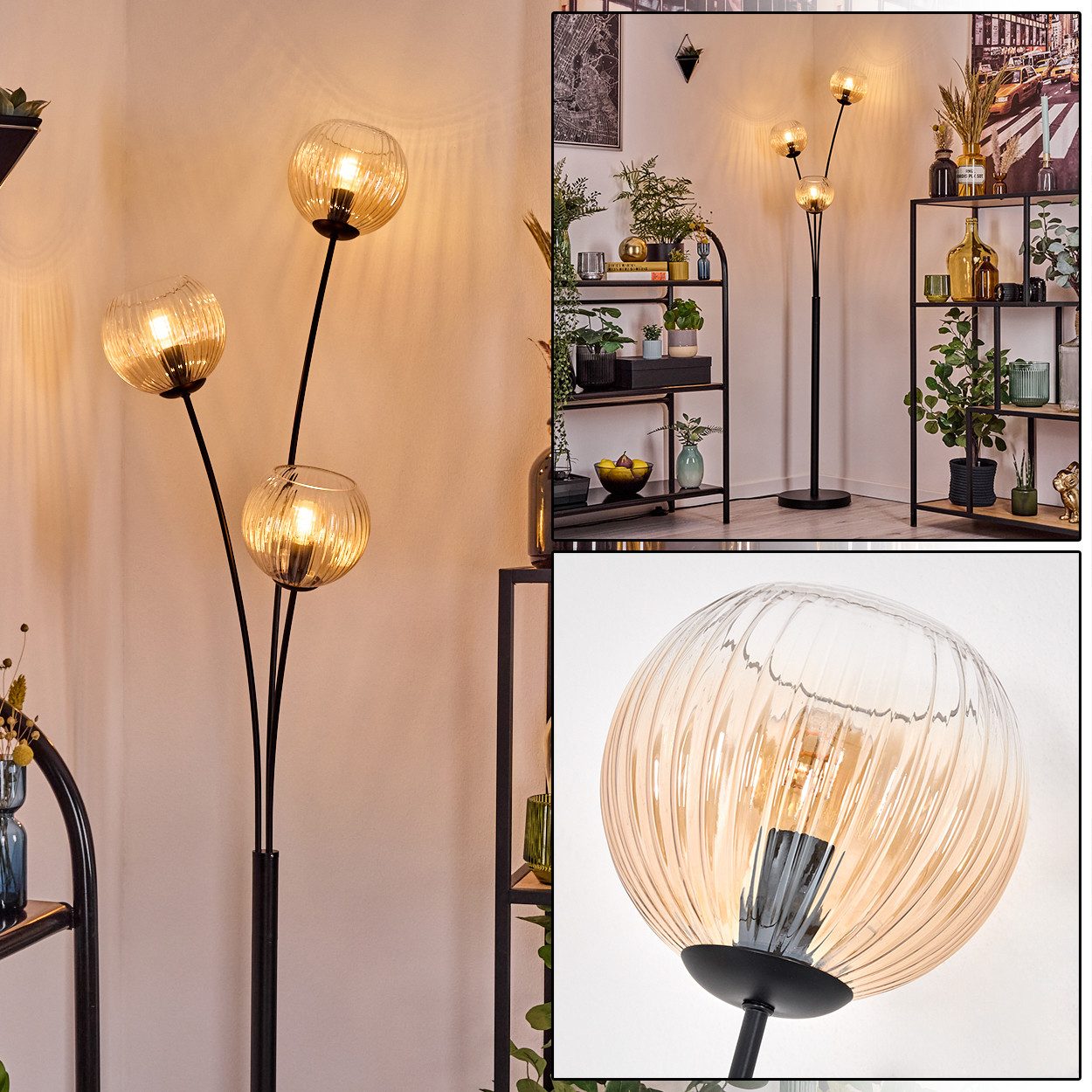 hofstein Stehlampe Stehlampe aus Metall/Riffelglas in Schwarz/Bernsteinfarben/Klar, Stehleuchte Retro/Vintage, Ø Schirme 15 cm, Fußschalter, 170 cm, E14
