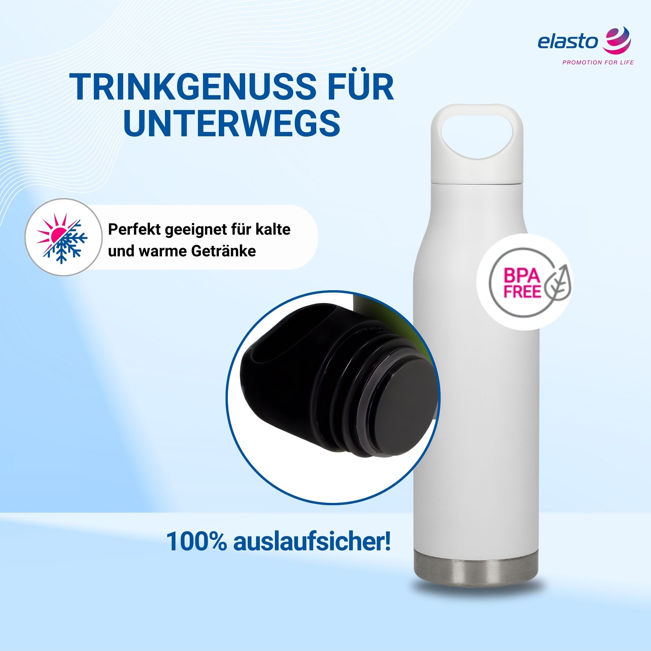 elasto Trinkflasche 480 ml Vakuumflasche "Orlando" Wasserflasche aus Edelstahl, Isolierflasche, Schule, Sport, Arbeit, Bottle, Kinder & Erwachsene