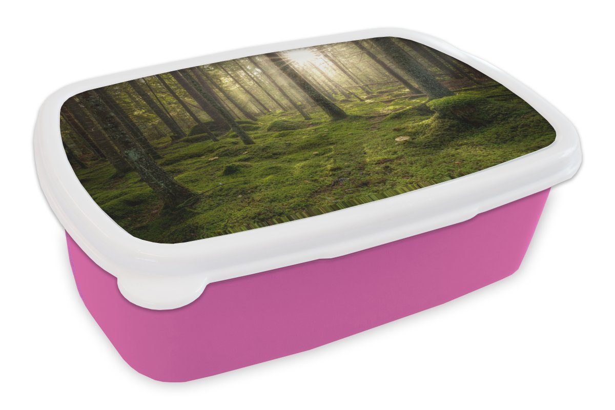 MuchoWow Lunchbox Wald - Sonne - Baum, Kunststoff, (2-tlg), Brotbox für Erwachsene, Brotdose Kinder, Snackbox, Mädchen, Kunststoff rosa