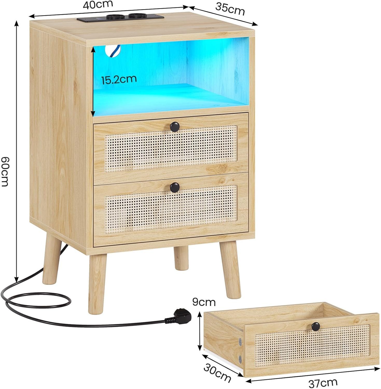 MSMASK Nachttisch Rattan, Naturfarben mit 2 Schubladen, 40x35x60cm (1-St), mit USB-Ladestation & LED-Beleuchtung