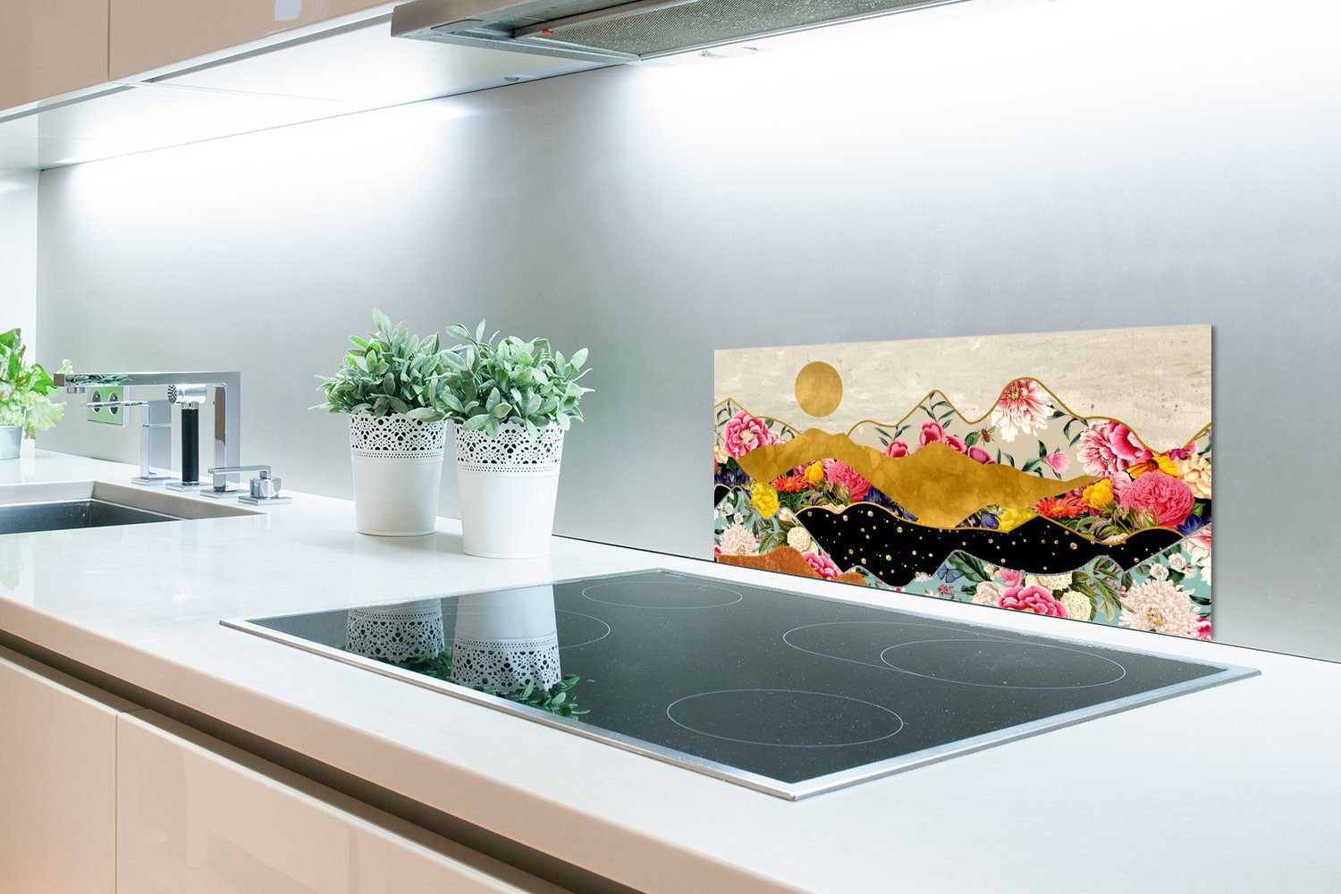 MuchoWow Küchenrückwand Gold - Fett - - - 60x30 Blumen Druck Muster, Landschaft Küchen Wandschutz, Schmutzflecken Abstrakt und cm, für - gegen (1-tlg)