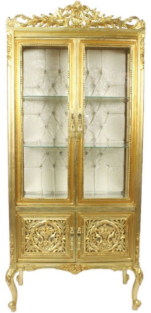 Casa Padrino Vitrine Barock Vitrine Gold / Cremefarben 100 x 40 x H. 170 cm - Prunkvoller Barock Vitrinenschrank mit 2 Glastüren wunderschönen Verzierungen und Glitzersteinen