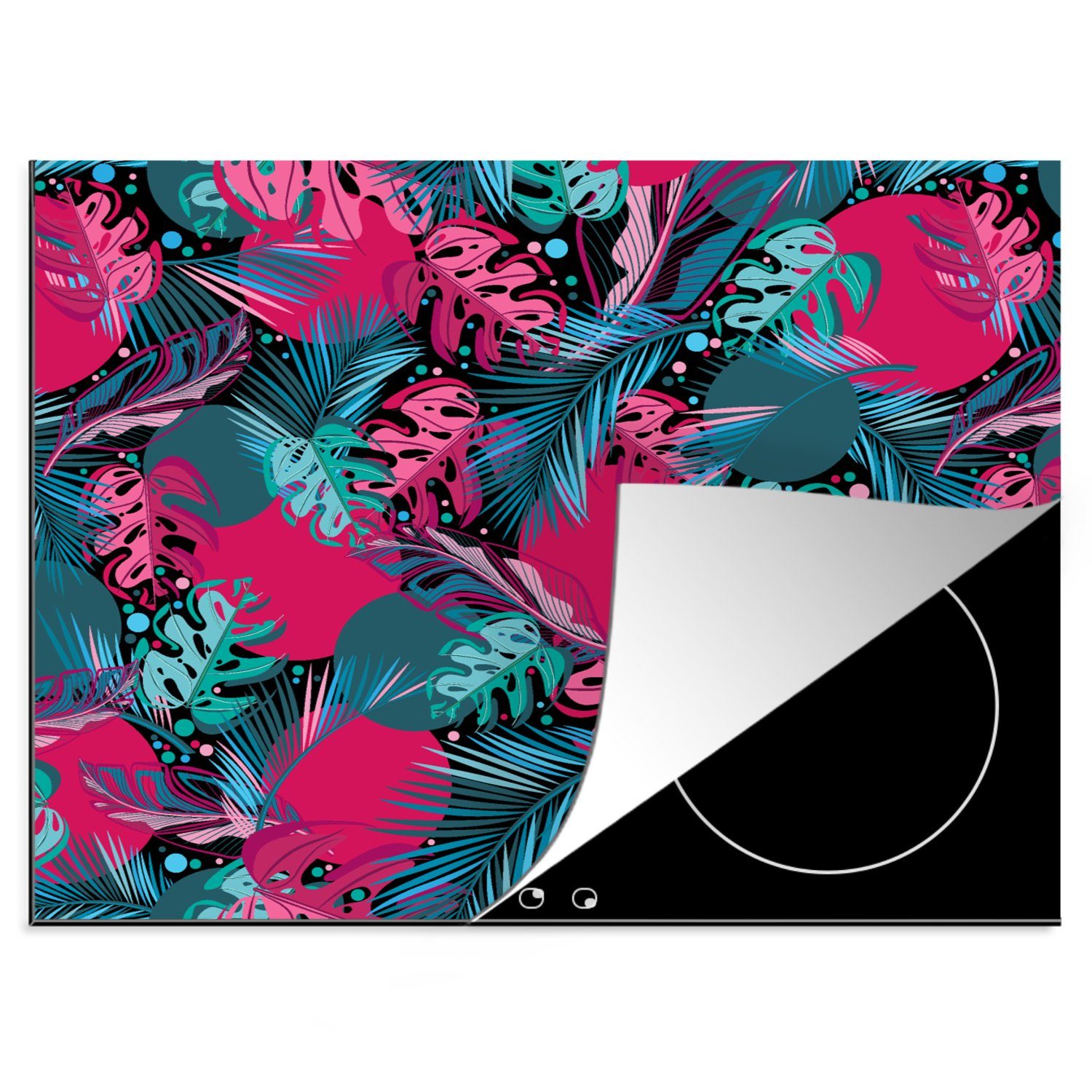 MuchoWow Herdblende-/Abdeckplatte Blätter - Hawaii - Design - Rosa - Blau, Vinyl, (1 tlg), 60x52 cm, Mobile Arbeitsfläche nutzbar, Ceranfeldabdeckung
