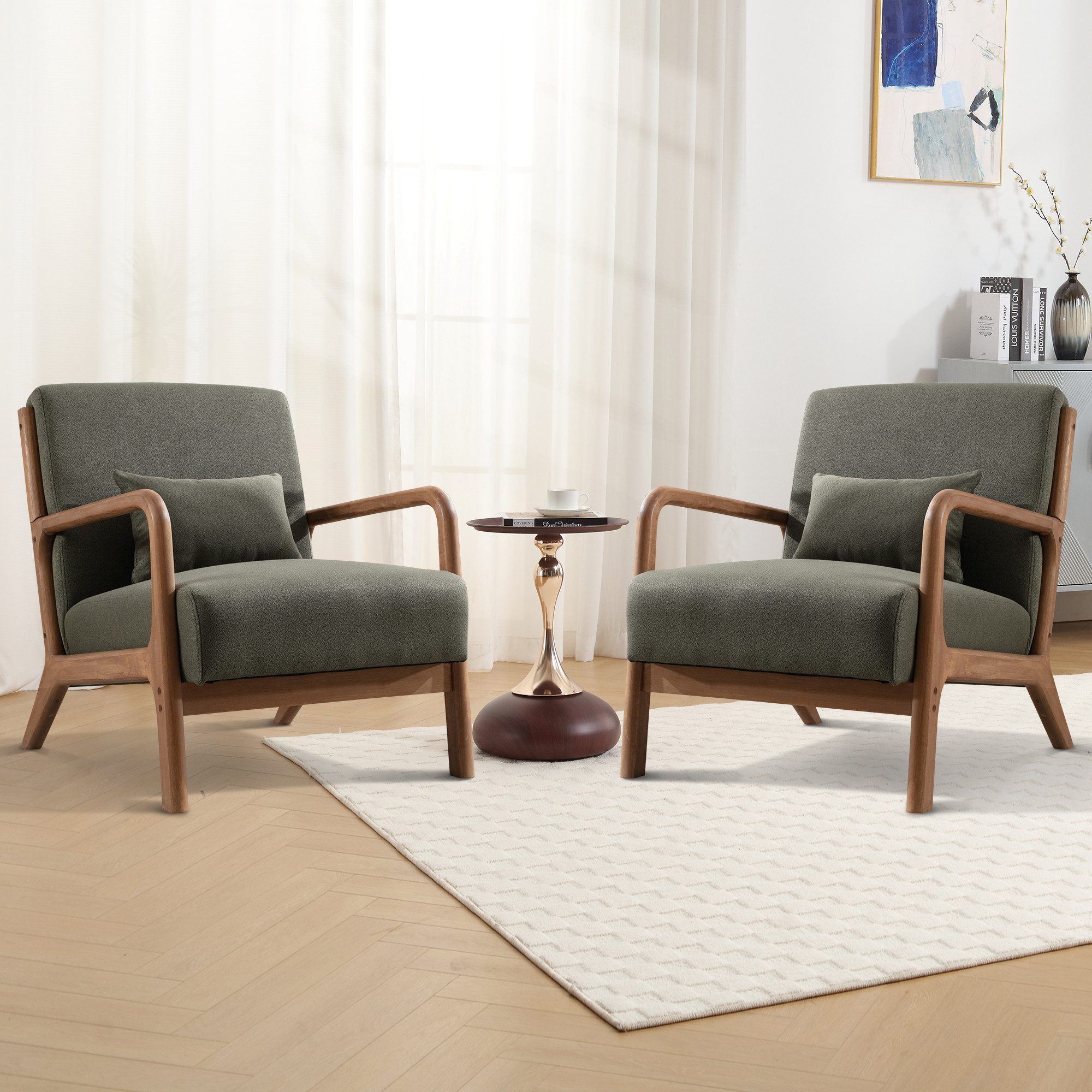 CANMOV Relaxsessel Accent Sessel mit Kissen, Loungesessel mit Armlehnen, Einzelsessel (2-St), Natürliches Holz, Liegestuhl mit Armlehne und Kissen, für Wohnzimmer