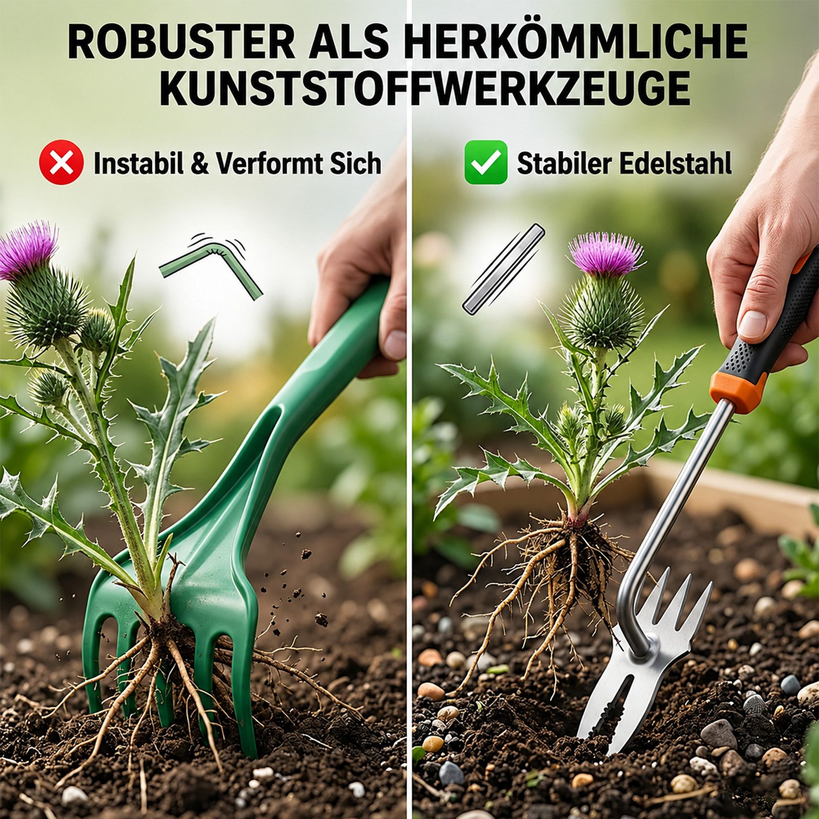 MOPUEA Unkrautstecher 2-in-1 Unkrautstecher Edelstahl mit Doppelkopf und Langgriff, (2-in-1 Unkrautstecher aus Edelstahl für Garten und Beet, Vierzack- und Zwei – Bild 5 von 5