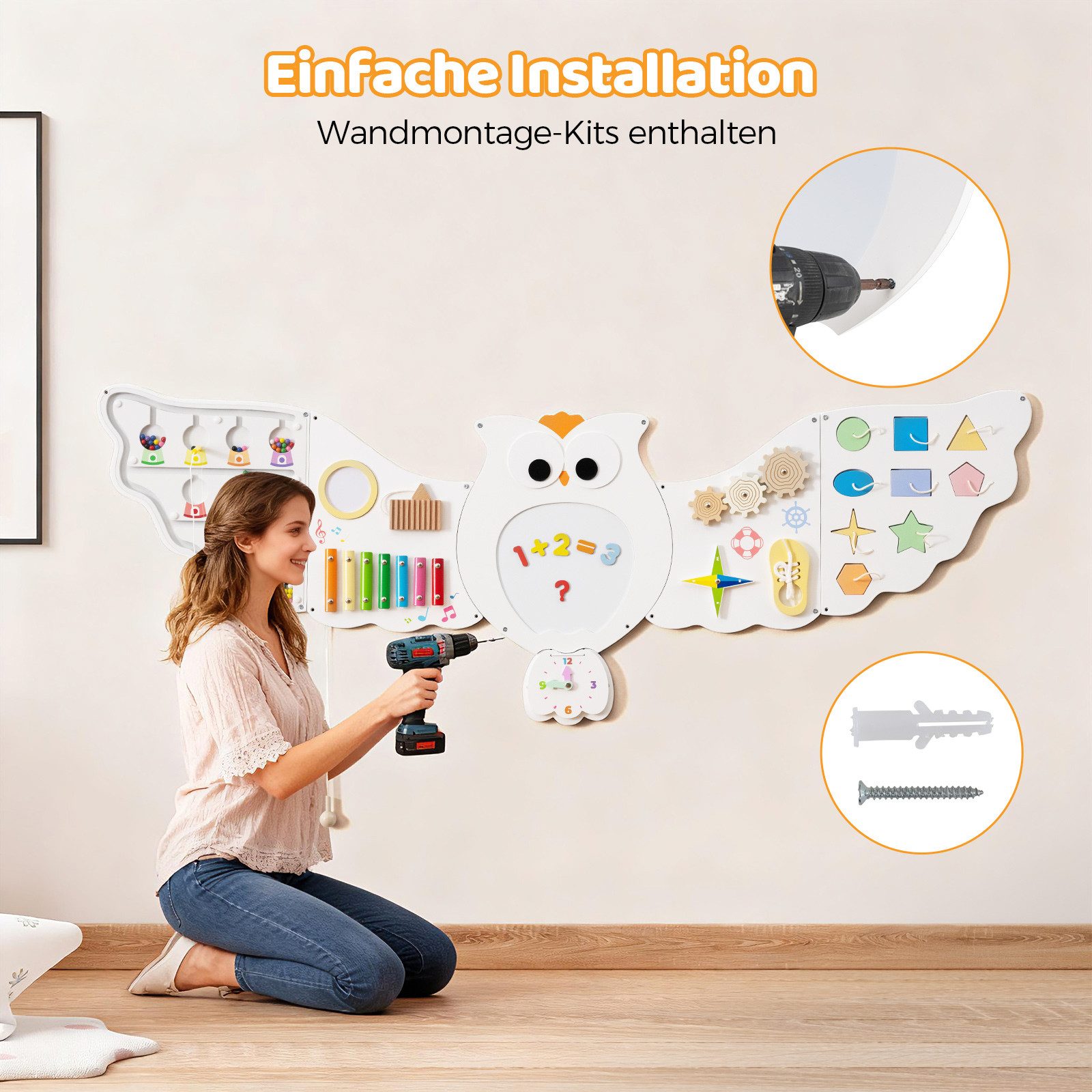 COSTWAY Motorikbrett, Eulen-Aktivitätswand mit 11-in-1 Busy Board Panels