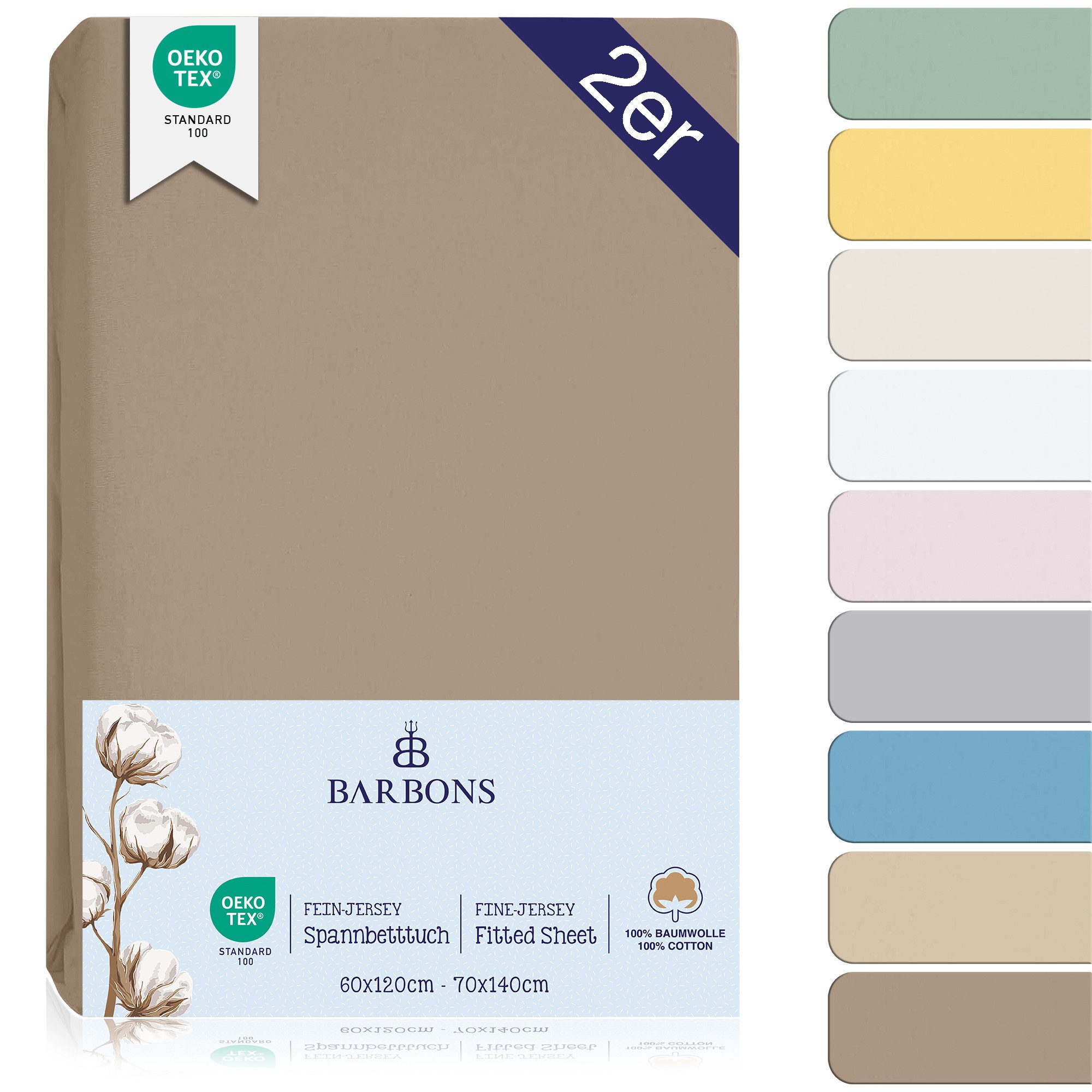 BARBONS Spannbettlaken 60 x 120 für Baby, 70 x 140 Jersey Bettlaken Babybett, Kinderbett, (2 Stück), 100% Baumwolle