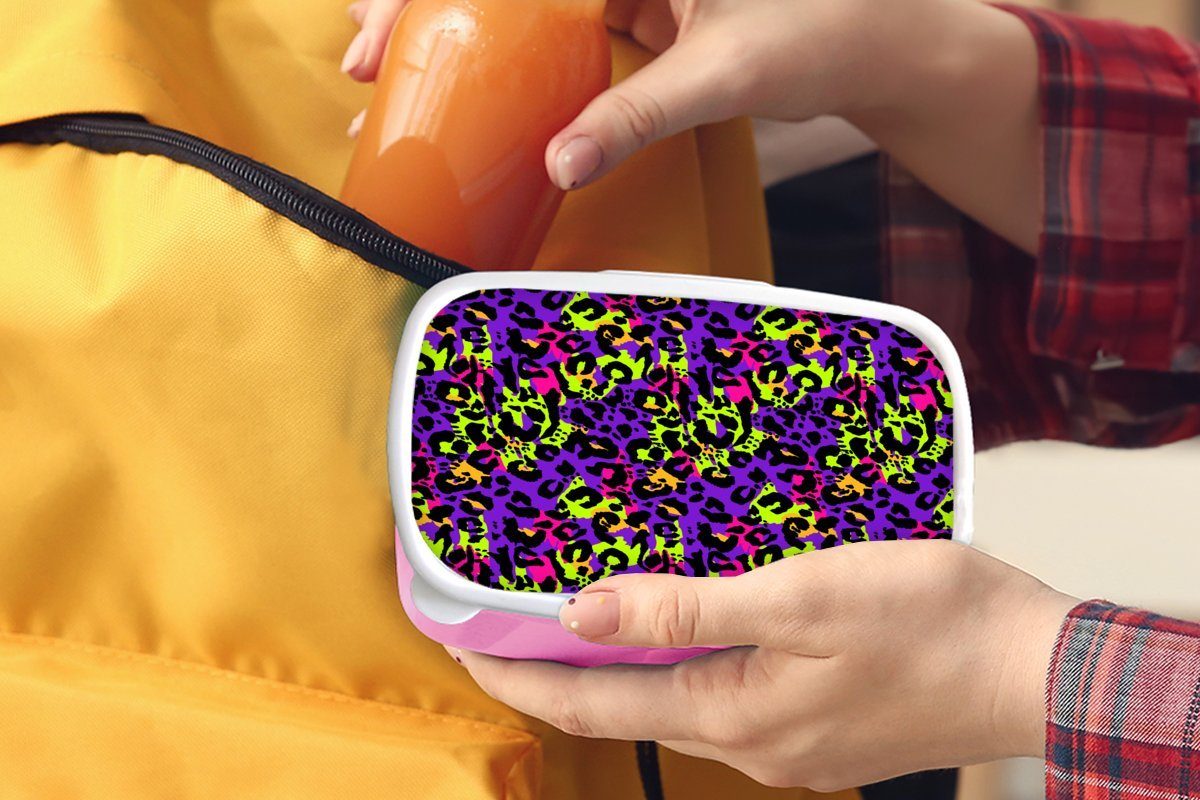 MuchoWow Lunchbox Pantherdruck - Neon Gelb, Kinder, rosa - Lila Brotbox Kunststoff, (2-tlg), Kunststoff Snackbox, Brotdose Mädchen, für - Erwachsene