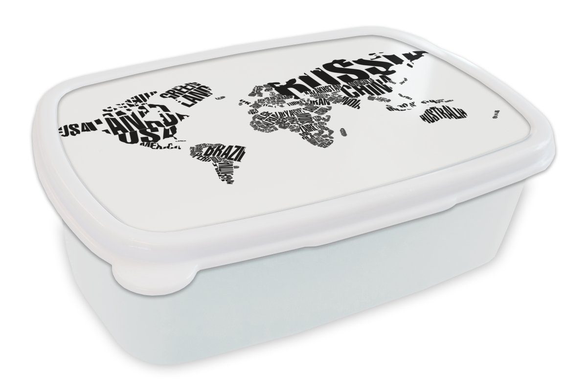 MuchoWow Lunchbox Weltkarte - Schwarz - Weiß - Wörter - Kind - Junge - Mädchen, Kunststoff, (2-tlg), Brotbox für Kinder und Erwachsene, Brotdose, für Jungs und Mädchen